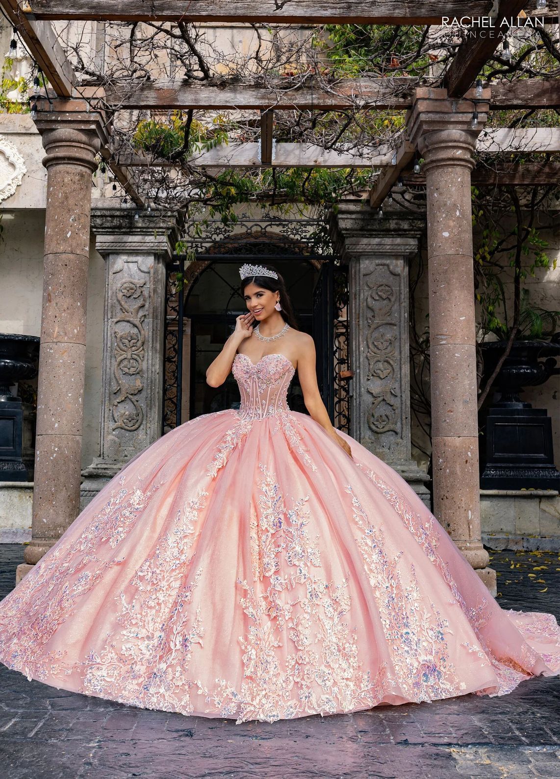 Blush Sweetheart Floor Length Glitter Tulle Quinceanera Ball Gown with Sequin Lace Applique Rachel Allan RQ1169