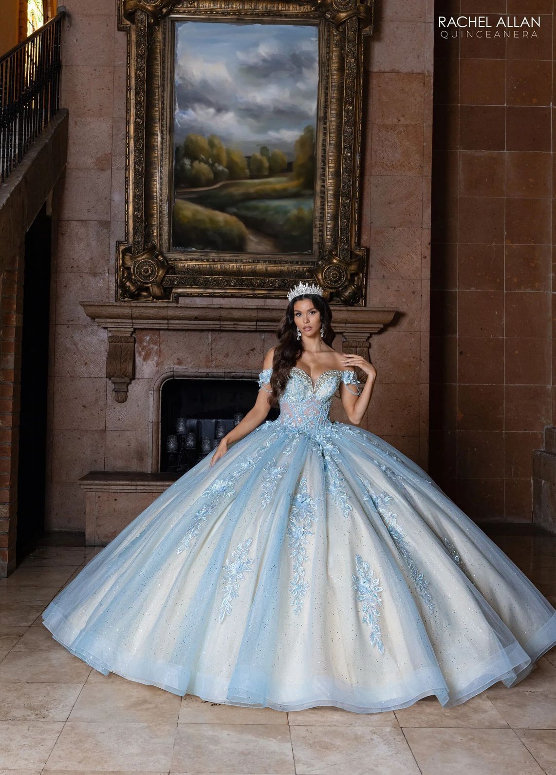 Powder Blue Champagne Sweetheart Floor Length Glitter Tulle Quinceanera Ball Gown with Floral Applique Rachel Allan RQ1166