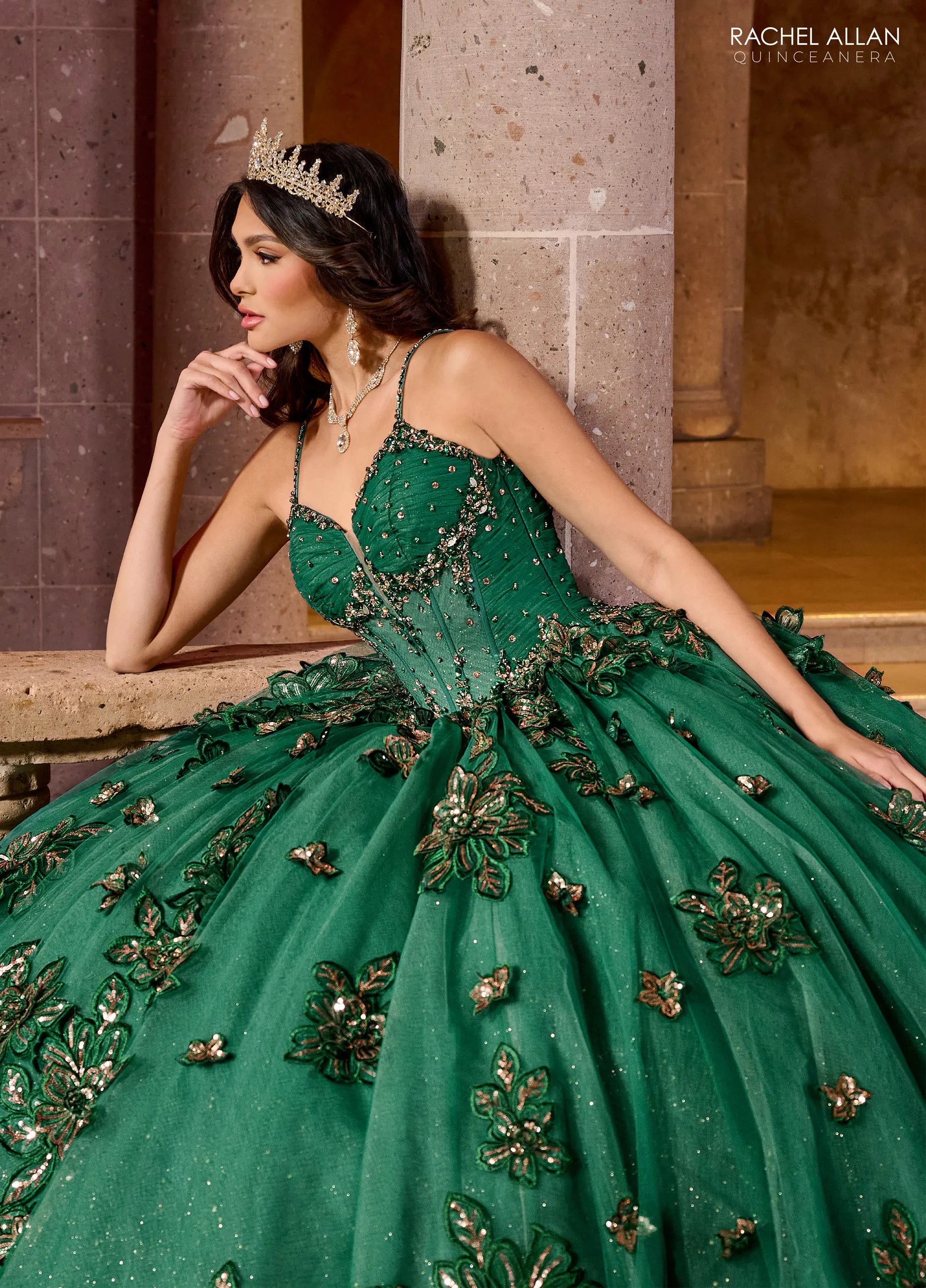 Emerald Gold Sweetheart Floor Length Glitter Tulle Quinceanera Ball Gown with Embroidery Rachel Allan RQ1149