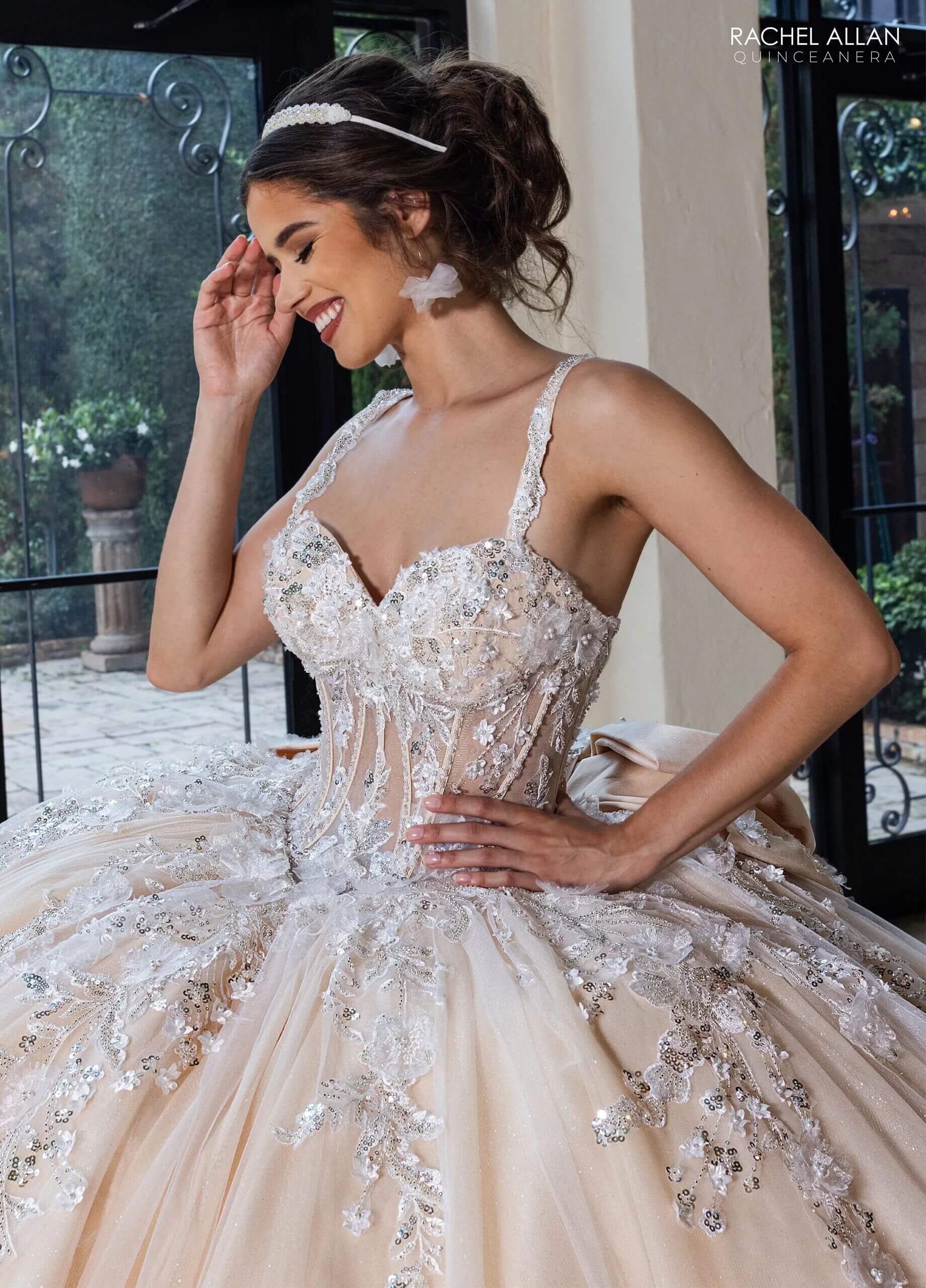 Ivory Champagne Sweetheart Floor Length Glitter Tulle Quinceanera Ball Gown with Beaded Fringe Straps Rachel Allan RQ1182