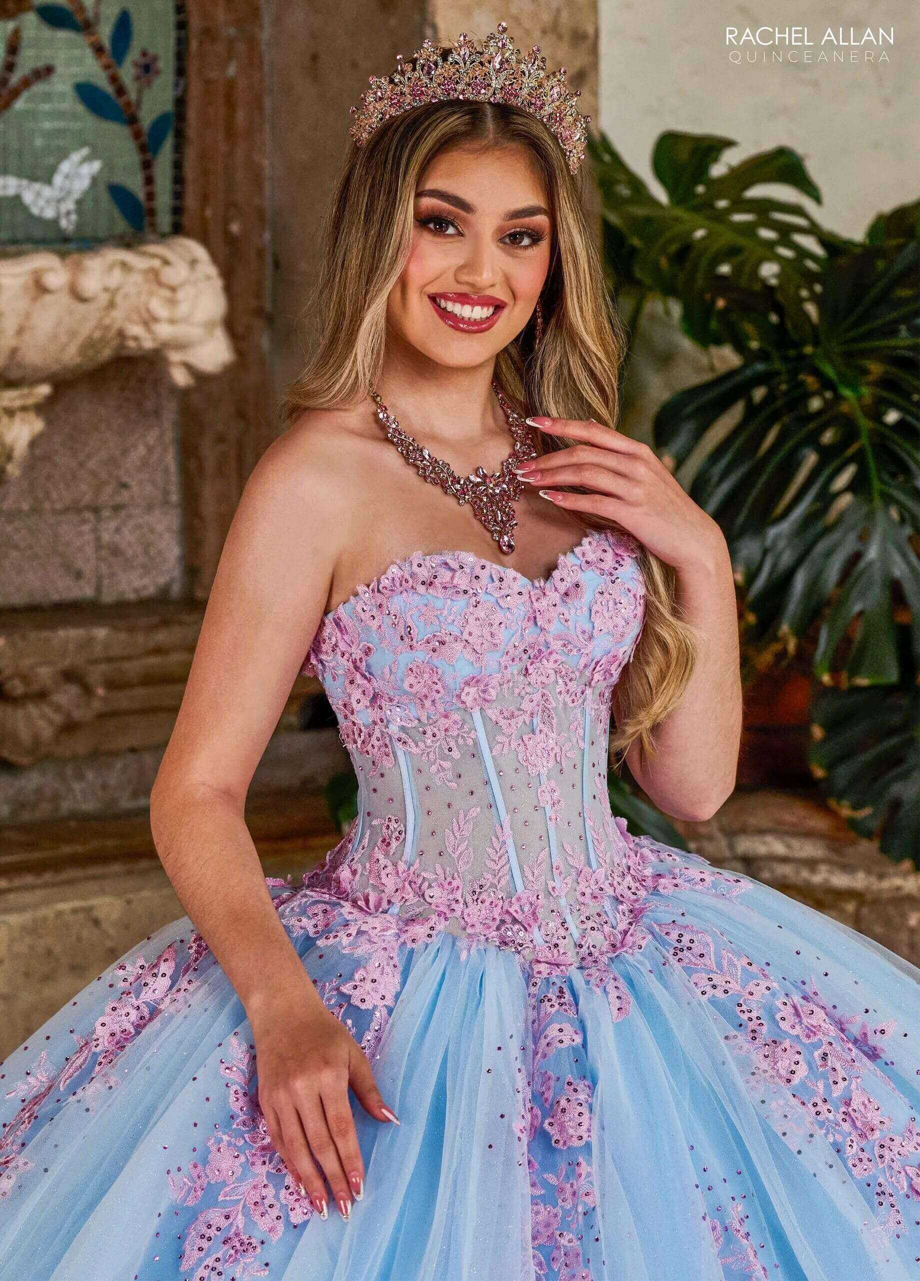 Light Blue Pink Off the Shoulder Floor Length Tulle Quinceanera Ball Gown with Puff Sleeves Rachel Allan RQ1140