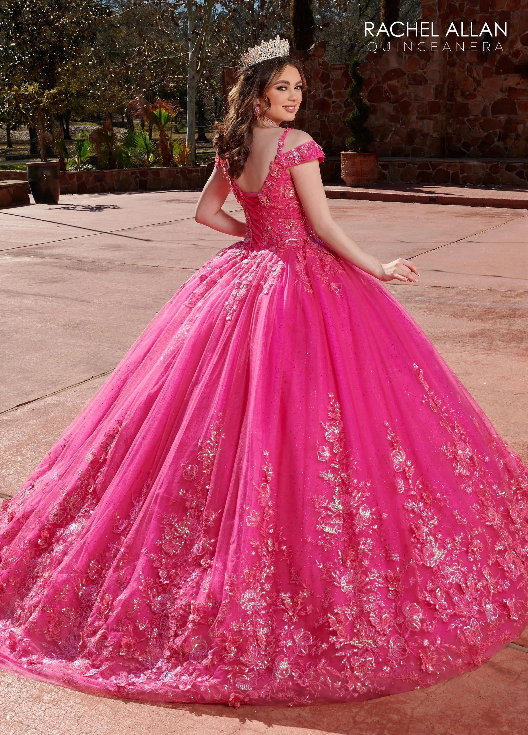 Fuchsia V Neck Floor-Length Glitter Tulle Quinceanera Ball Gown with 3D Butterflies Rachel Allan RQ1126