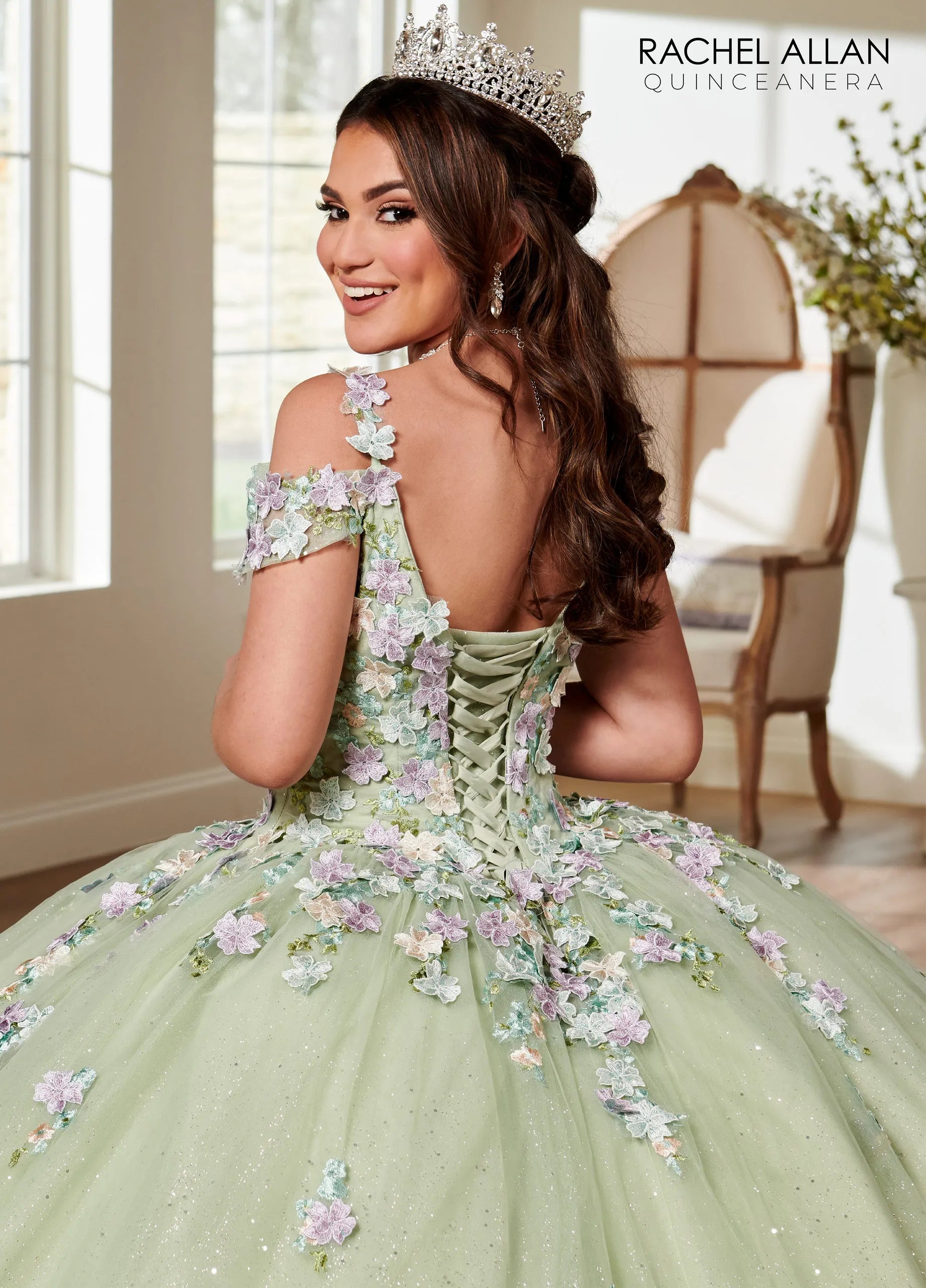 V-Neck Floor-Length Glitter Tulle Quinceanera Ball Gown with 3D Flowers Rachel Allan RQ1125