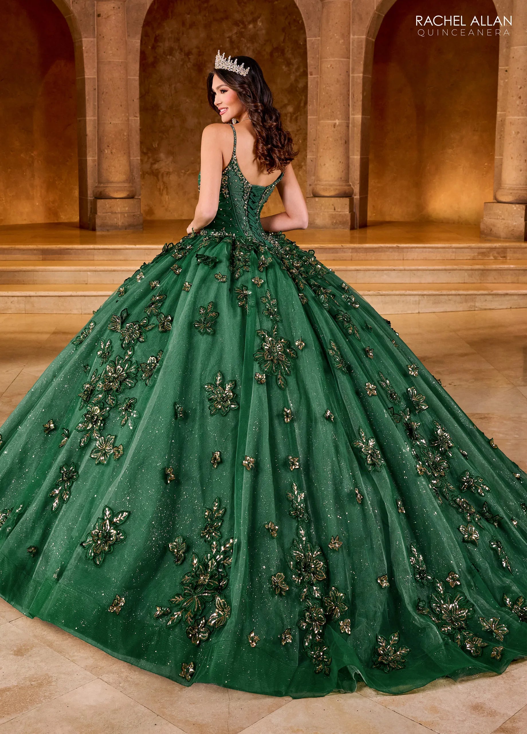 Emerald Gold Sweetheart Floor Length Glitter Tulle Quinceanera Ball Gown with Embroidery Rachel Allan RQ1149