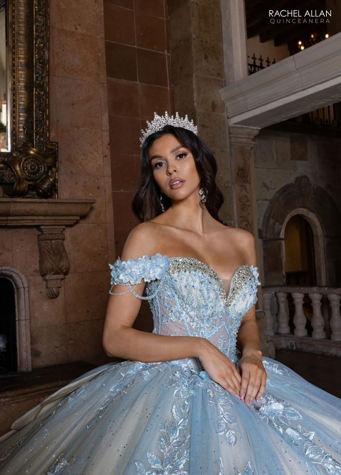 Powder Blue Champagne Sweetheart Floor Length Glitter Tulle Quinceanera Ball Gown with Floral Applique Rachel Allan RQ1166
