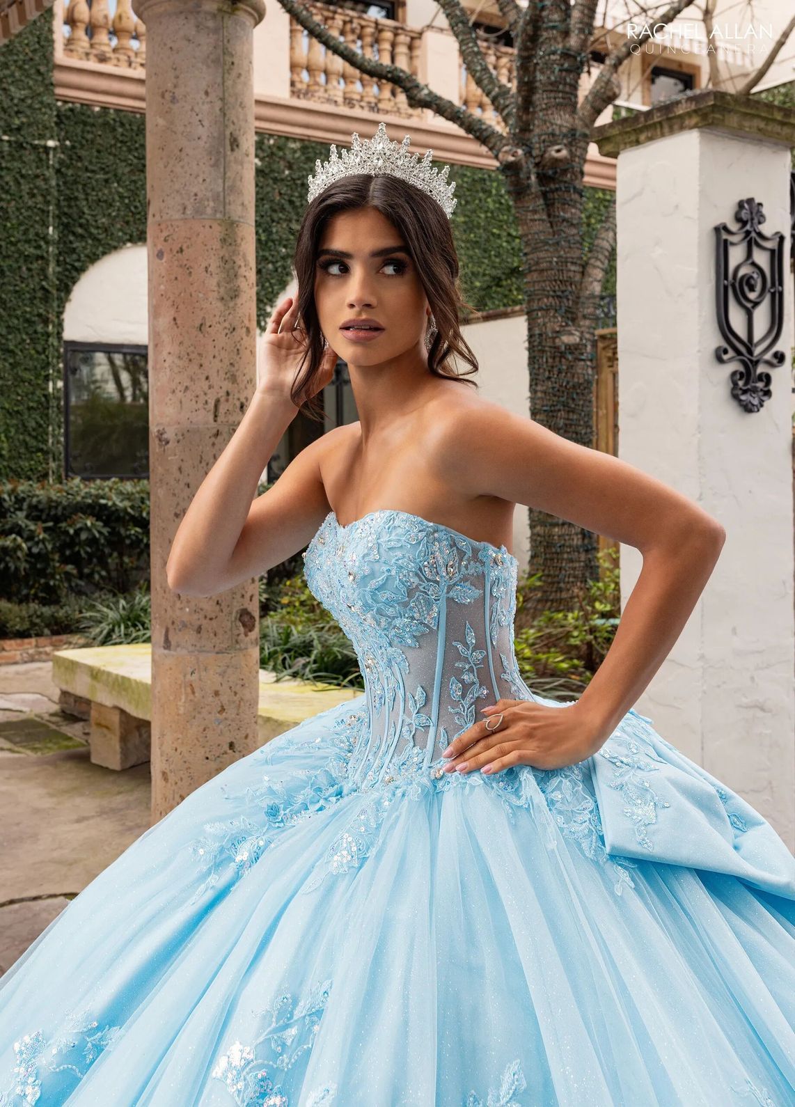 Light Blue Sweetheart Floor Length Glitter Tulle Quinceanera Ball Gown with 3D Floral Applique Rachel Allan RQ1168