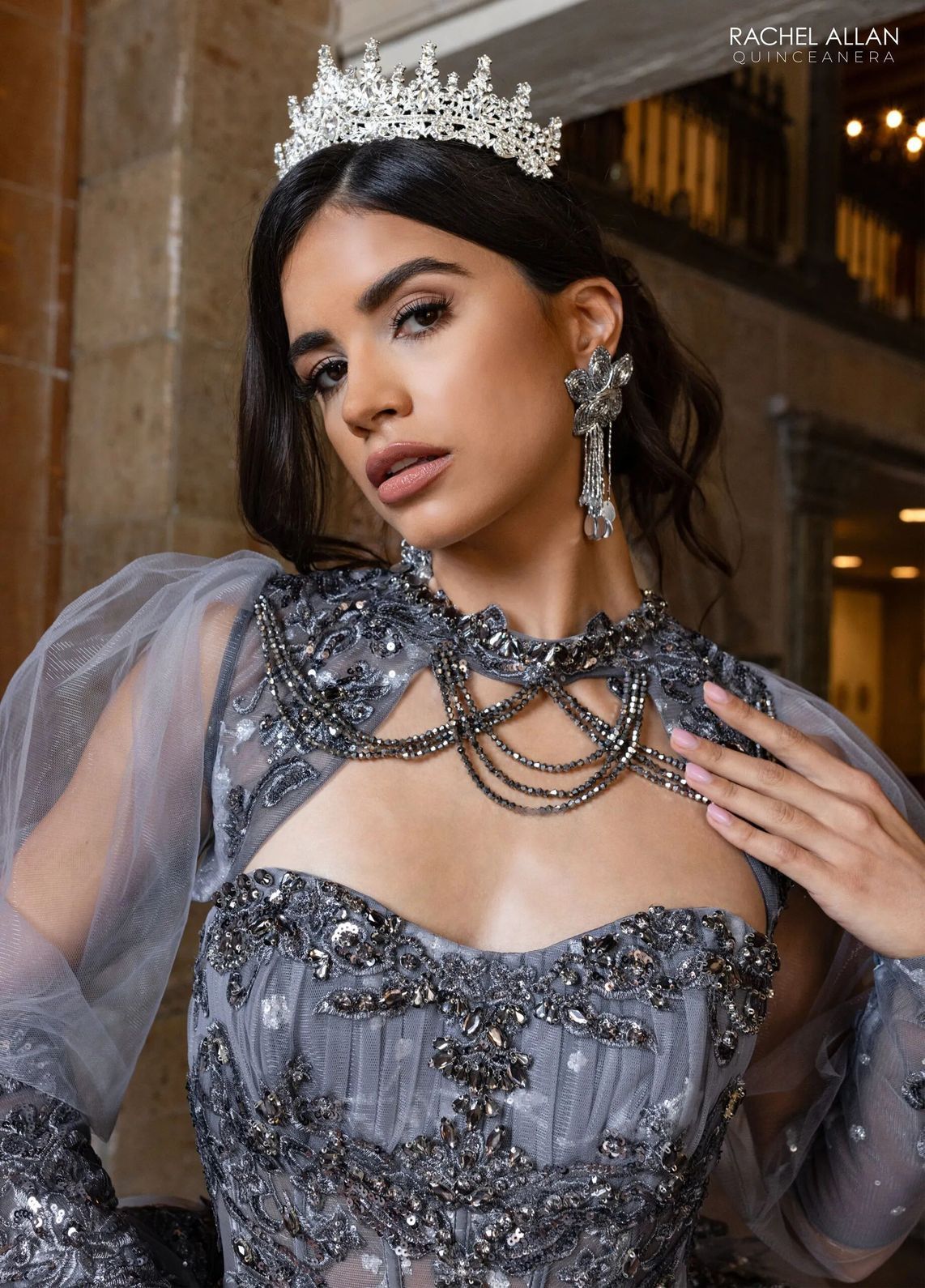 Gunmetal Silver High Neck Floor Length Glitter Tulle Quinceanera Ball Gown with Detachable Sleeves Rachel Allan RQ1172