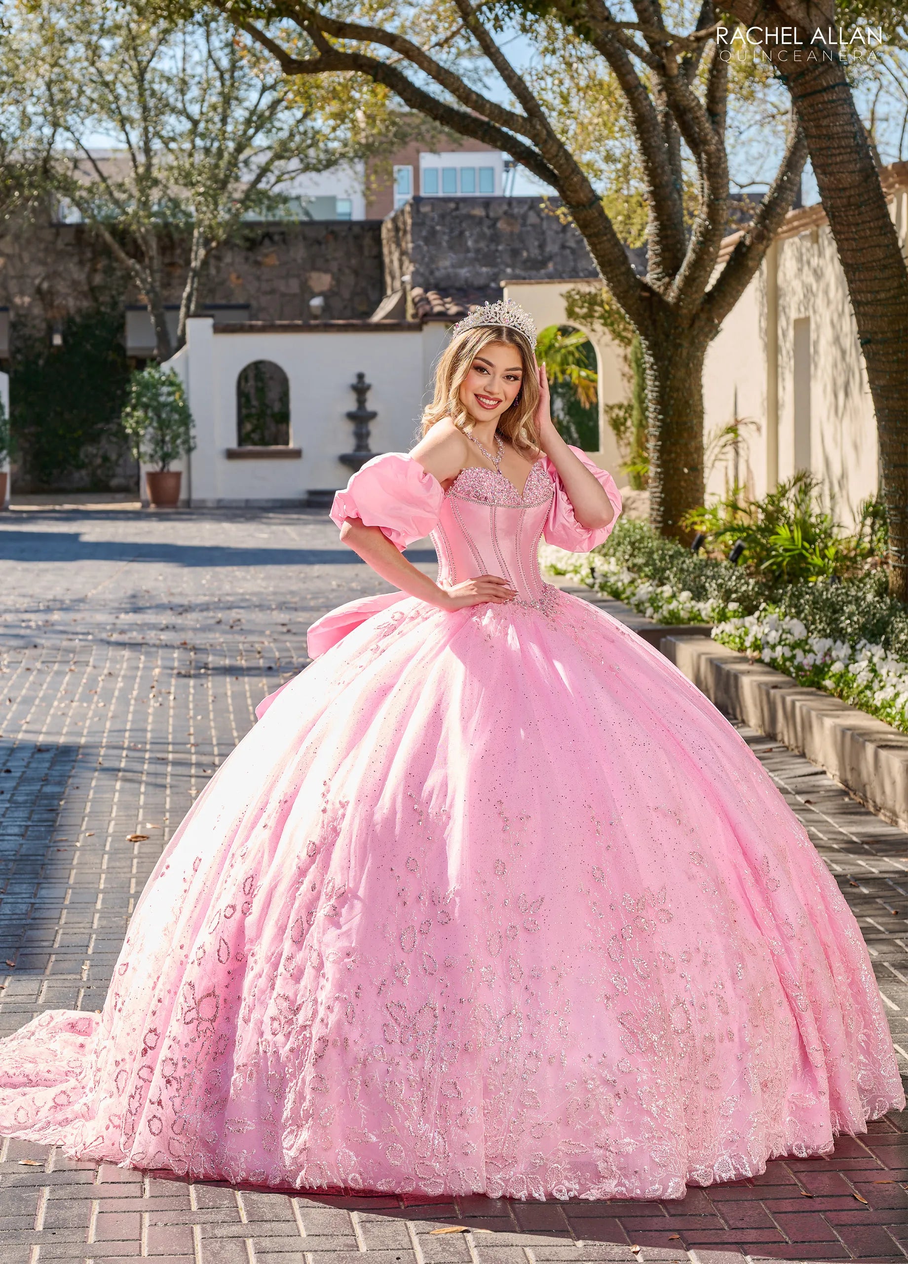 Pink Sweetheart Floor Length Tulle Quinceanera Ball Gown with Puff Sleeves Rachel Allan RQ1142