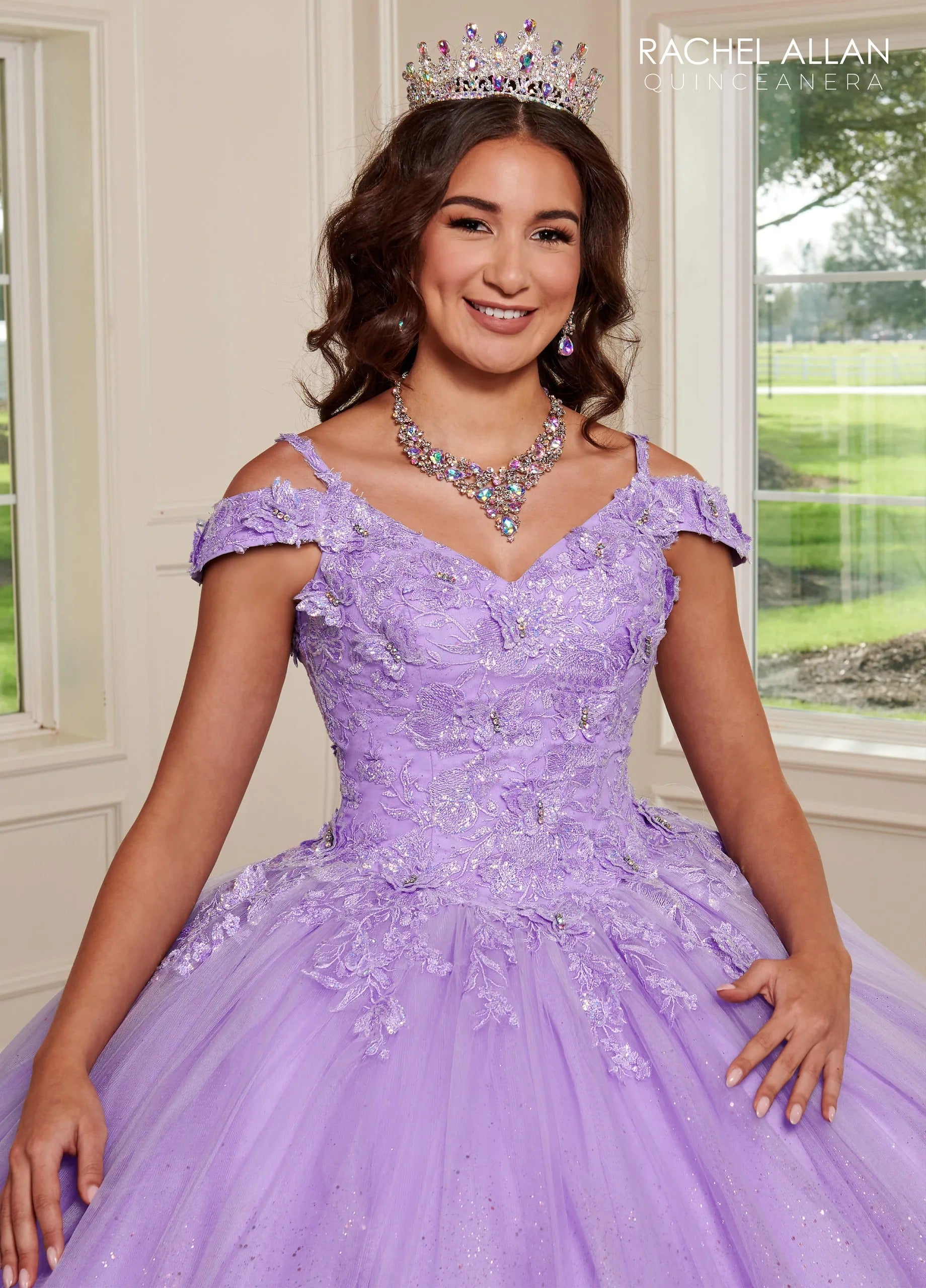 Lilac V Neck Floor-Length Glitter Tulle Quinceanera Ball Gown with 3D Butterflies Rachel Allan RQ1126