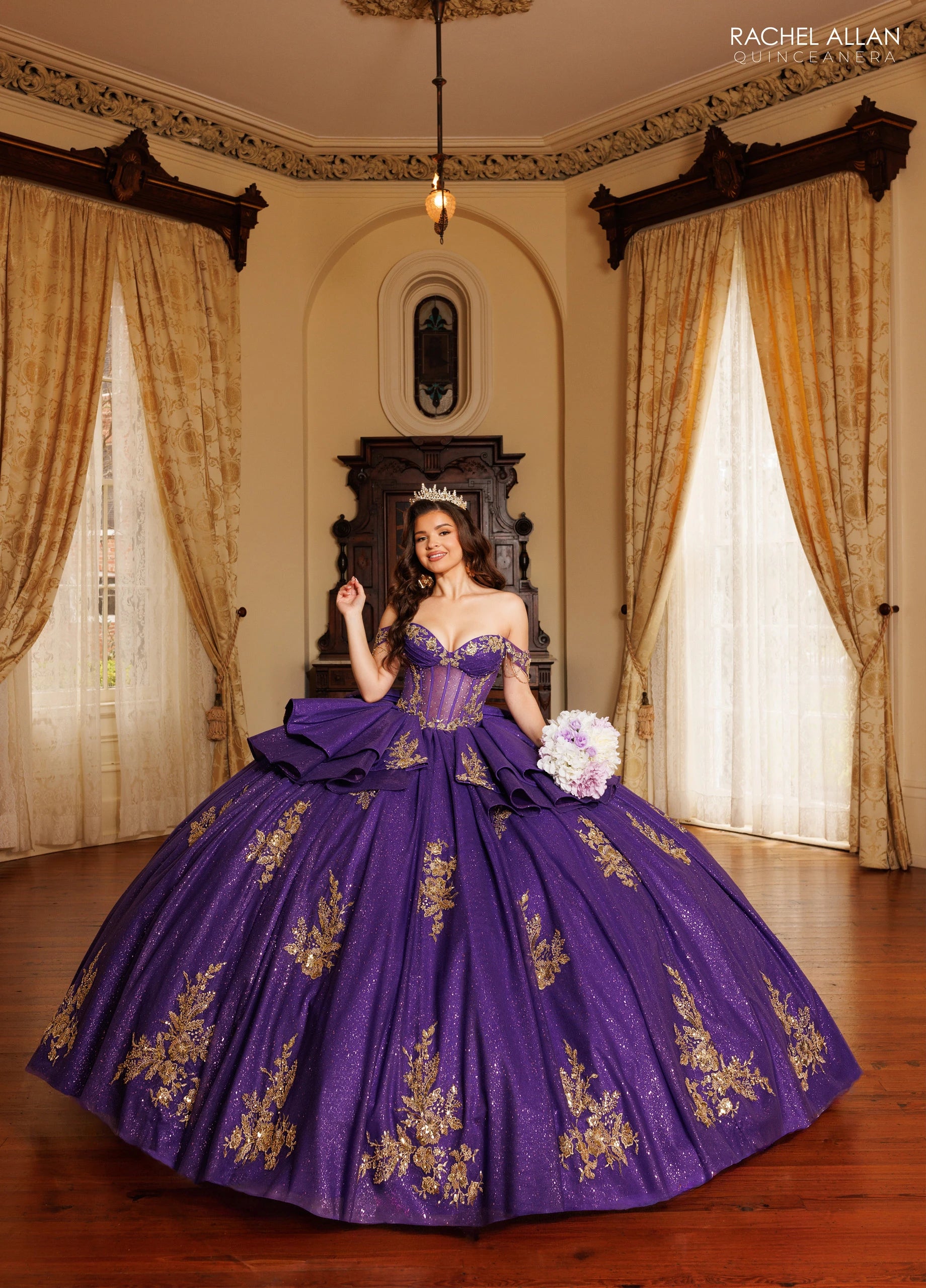 Off-the-Shoulder Floor-Length Tulle Quinceañe Ball Gown Rachel Allan RQ1194