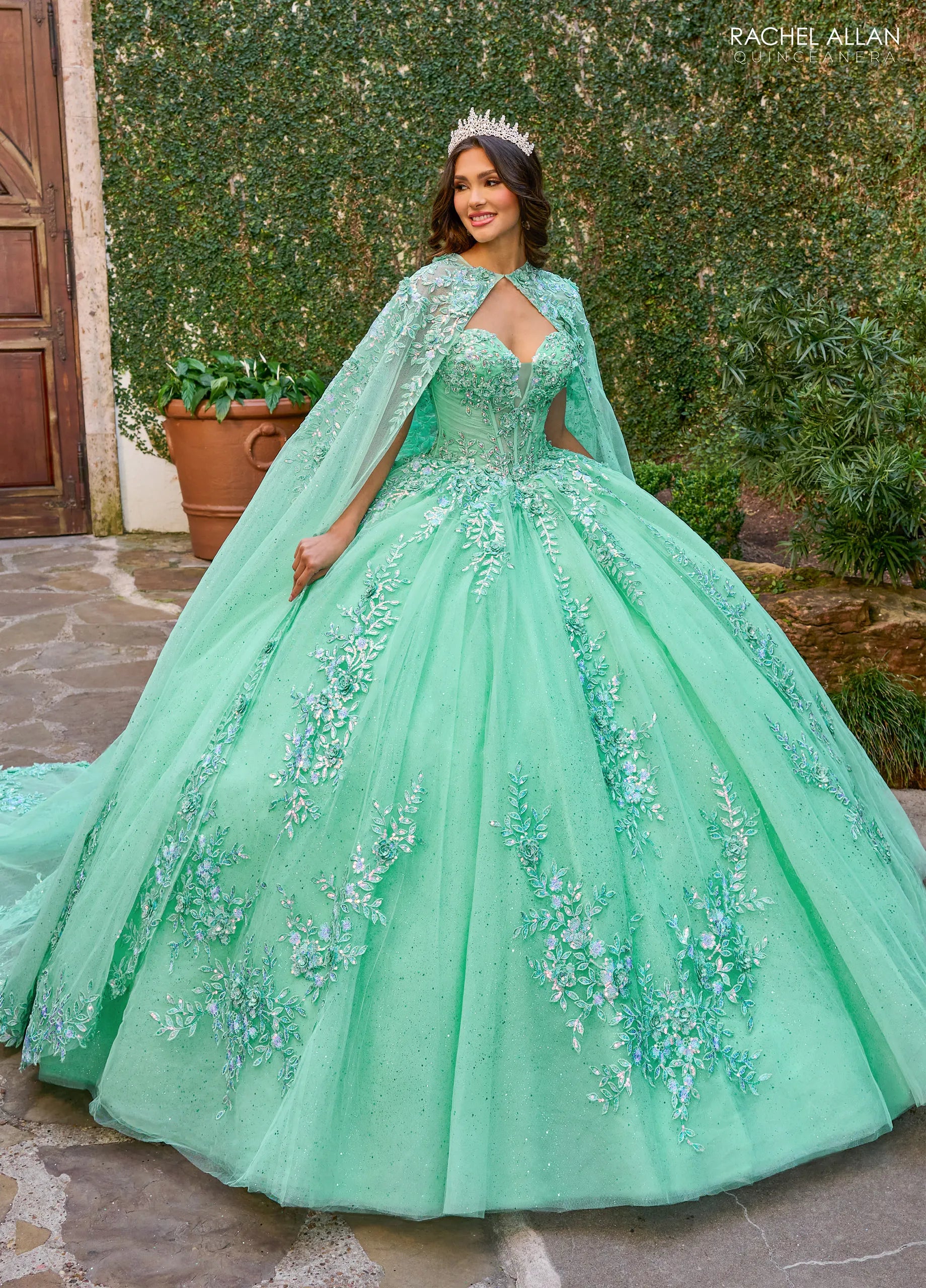 Mint Multi Sweetheart Floor Length Tulle Quinceanera Ball Gown with Floral Applique Rachel Allan RQ1148