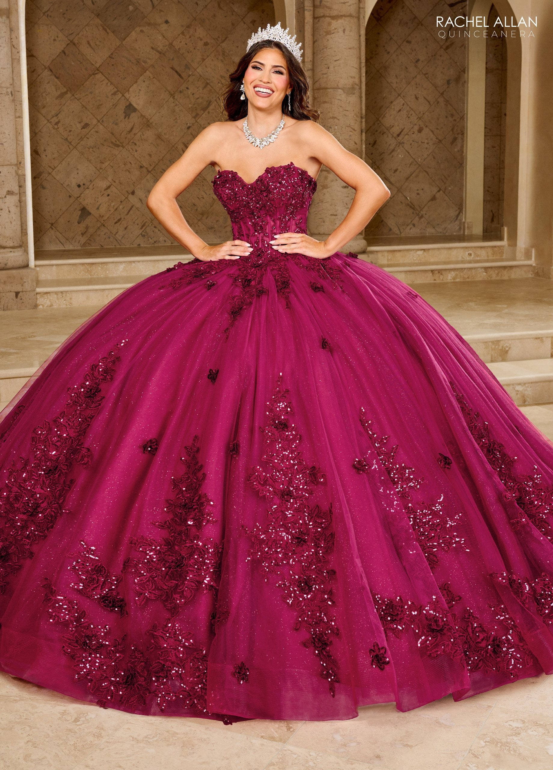 Quinceniera Dresses Long Beaded Ball Gown Corset Lace Quinceanera Dress Burgundy