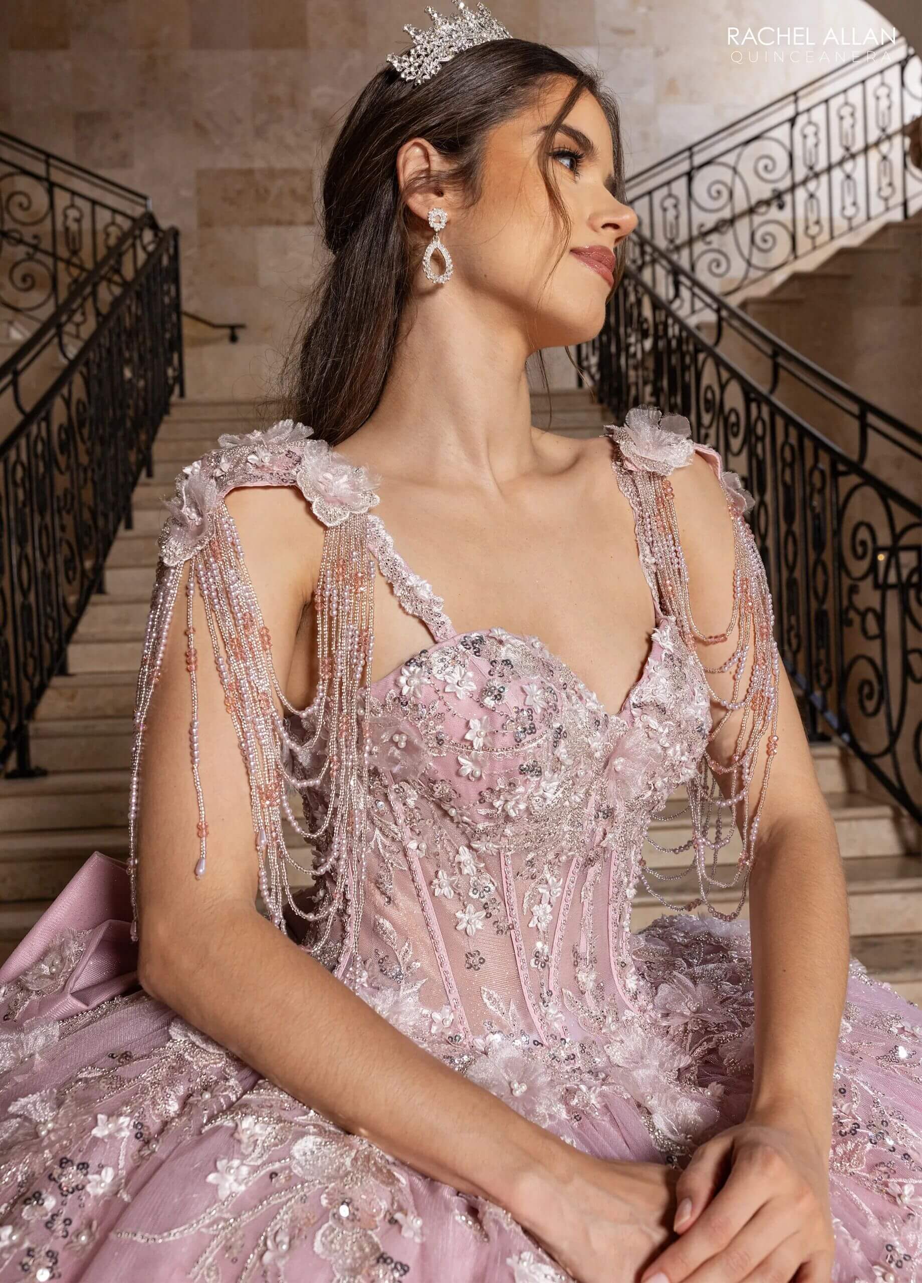 Rose Sweetheart Floor Length Glitter Tulle Quinceanera Ball Gown with Beaded Fringe Straps Rachel Allan RQ1182