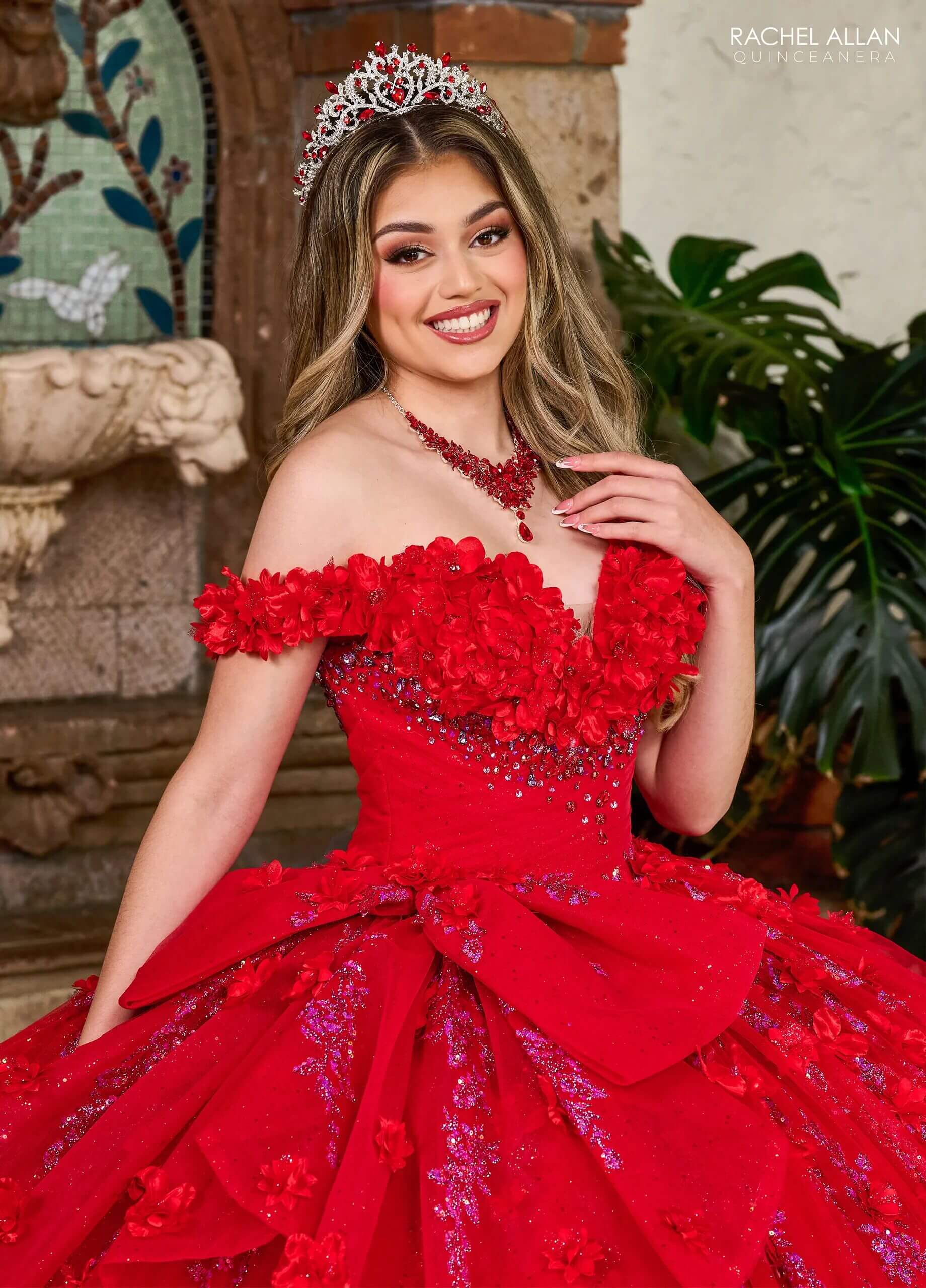 Red Fuchsia Off the Shoulder Floor Length Tulle Quinceanera Ball Gown with Floral Appliqué Rachel Allan RQ1141