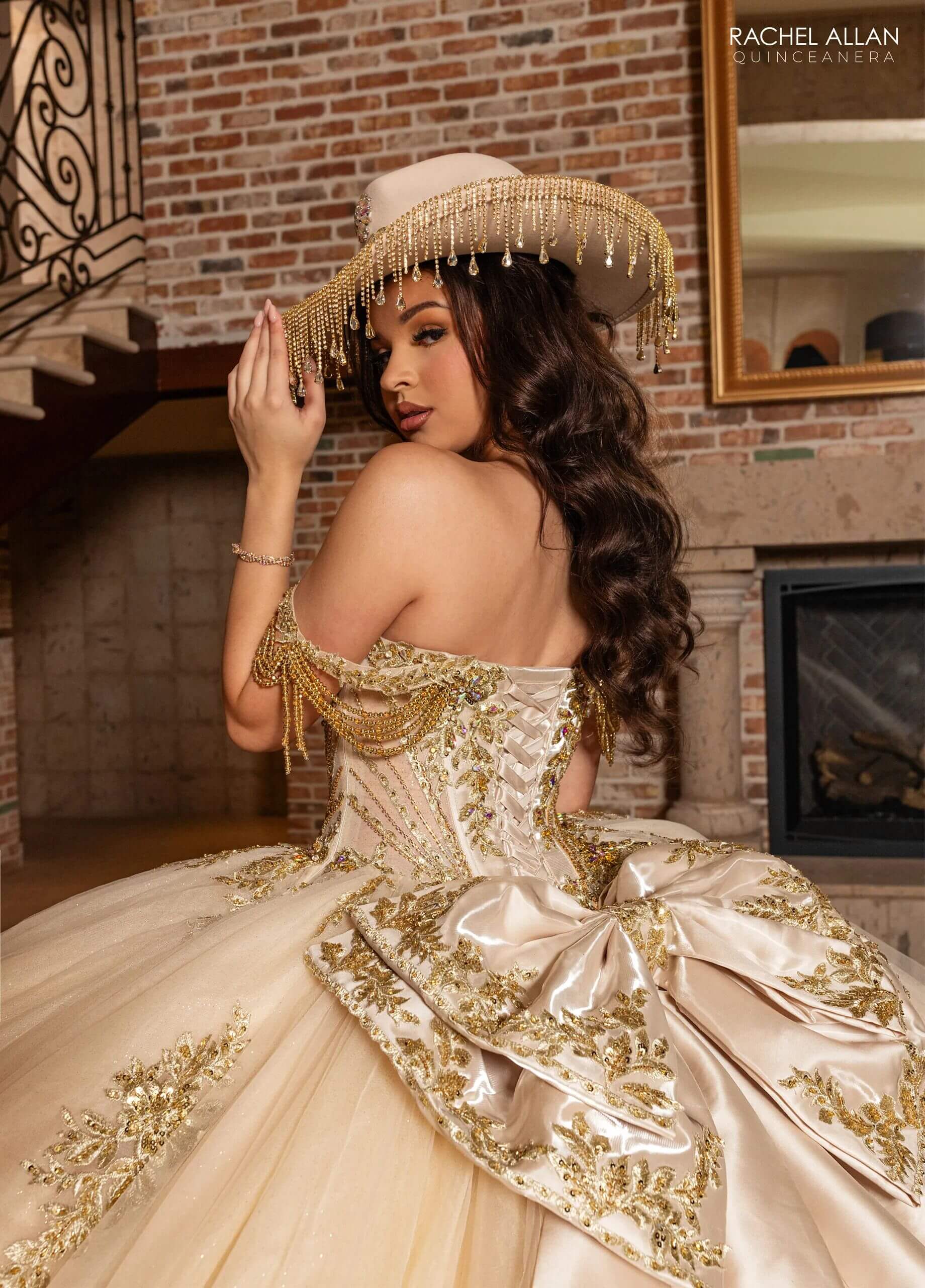 Champagne Gold Off the Shoulder Floor Length Glitter Tulle Quinceanera Ball Gown with Detachable Bow Rachel Allan RQ1187