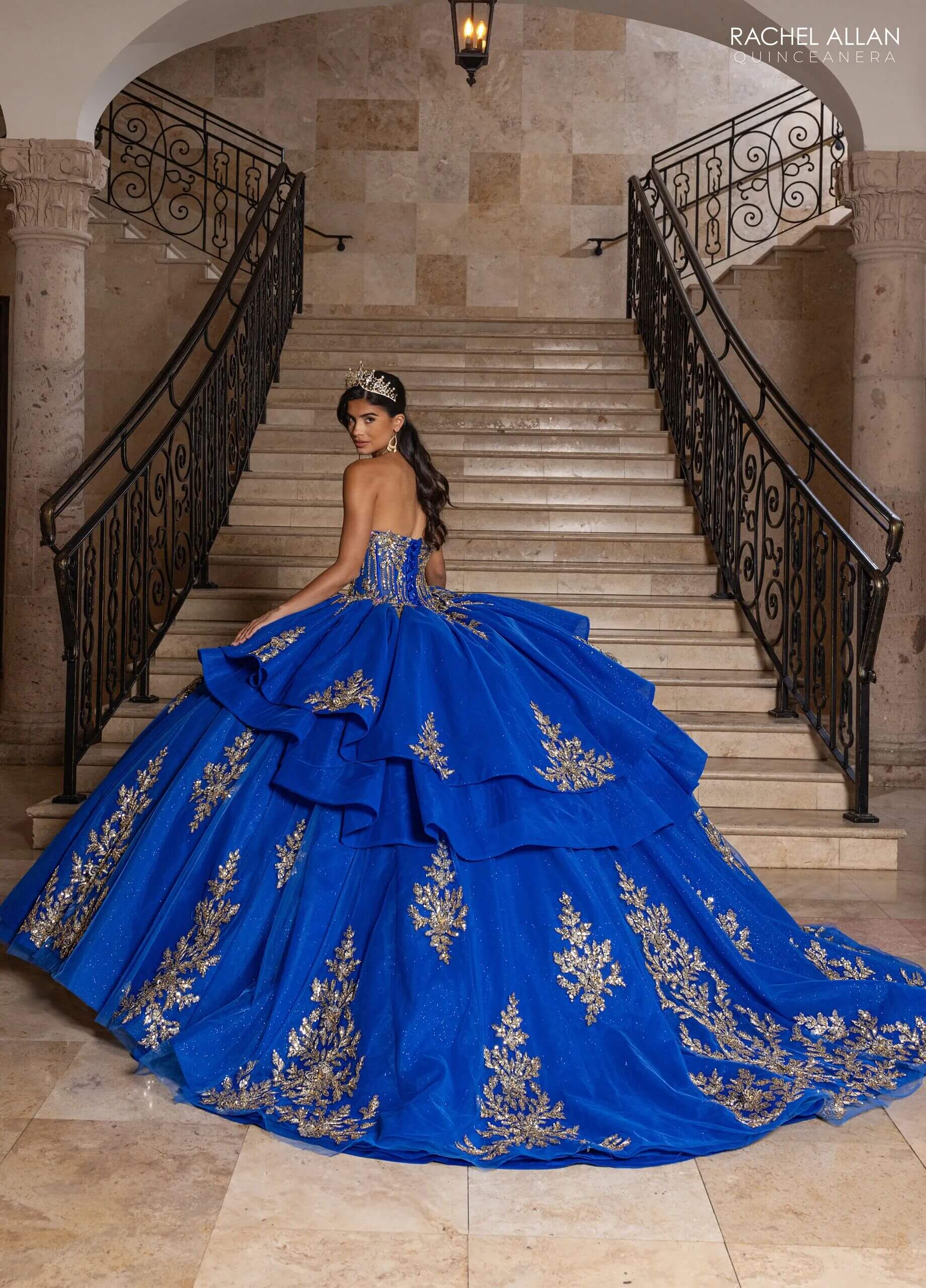 Royal Gold One Shoulder Floor Length Glitter Tulle Quinceanera Ball Gown with Peplum Overskirt Rachel Allan RQ1186