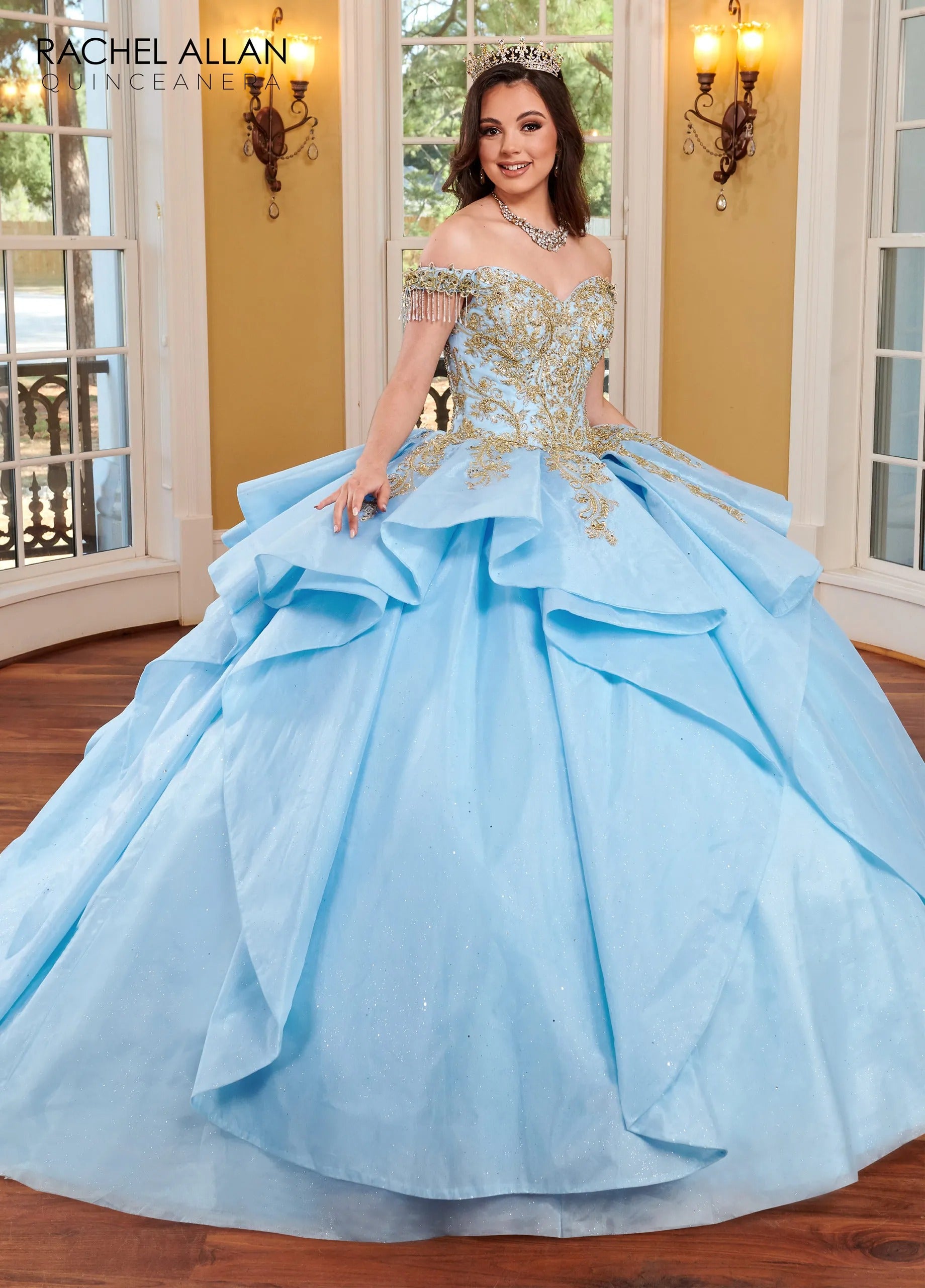 Light Blue Gold Off-the-Shoulder Glitter Tulle Quinceanera Ball Gown with Beaded Fringe Straps Rachel Allan MQ1117