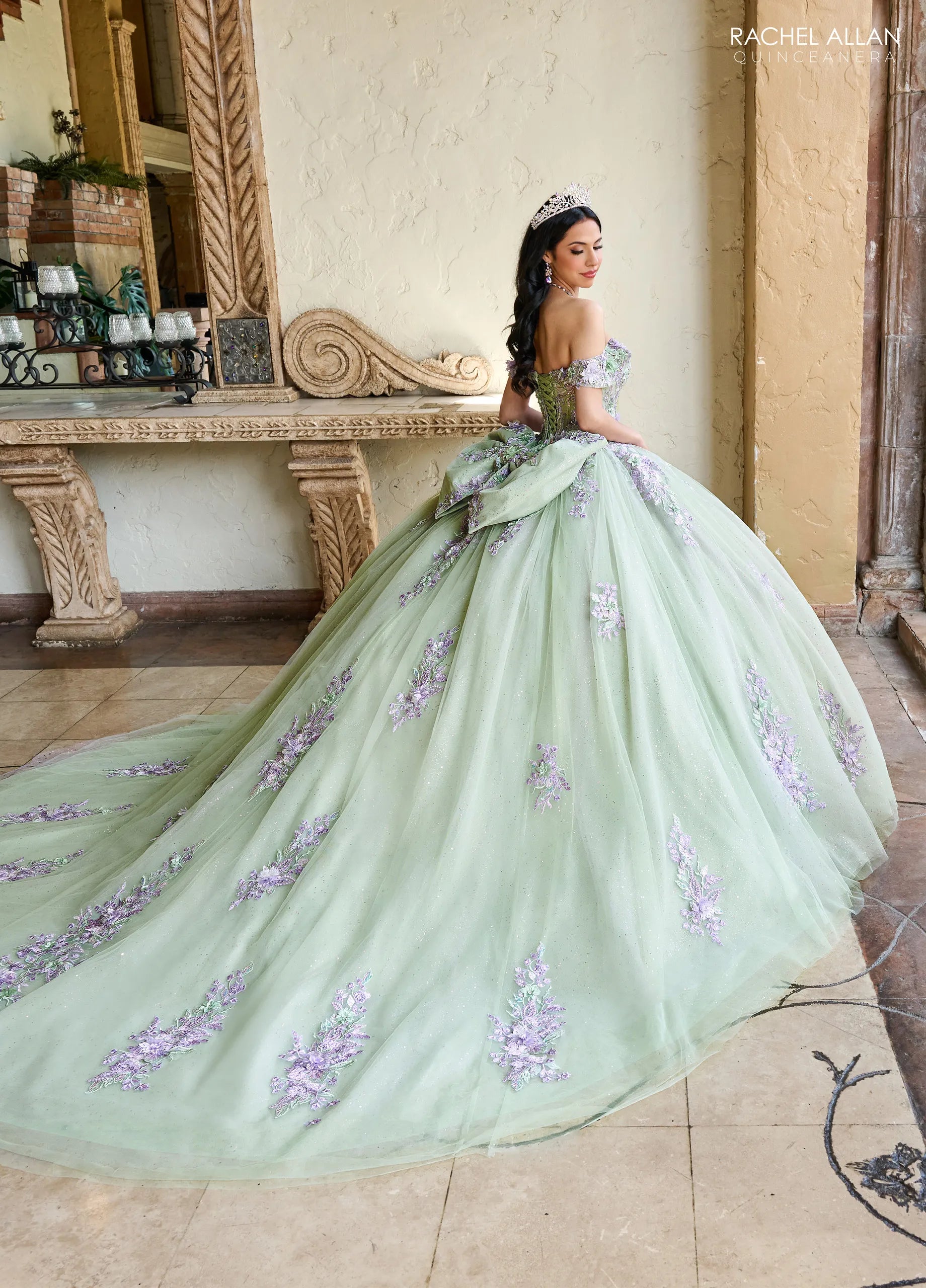 Sage Multi Off the Shoulder Floor Length Glitter Tulle Quinceanera Ball Gown with Floral Embroidery Rachel Allan RQ1153