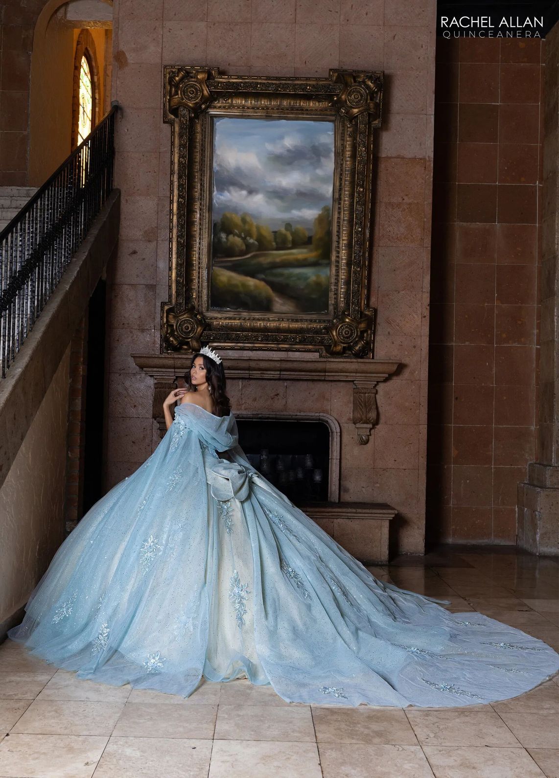Powder Blue Champagne Sweetheart Floor Length Glitter Tulle Quinceanera Ball Gown with Floral Applique Rachel Allan RQ1166