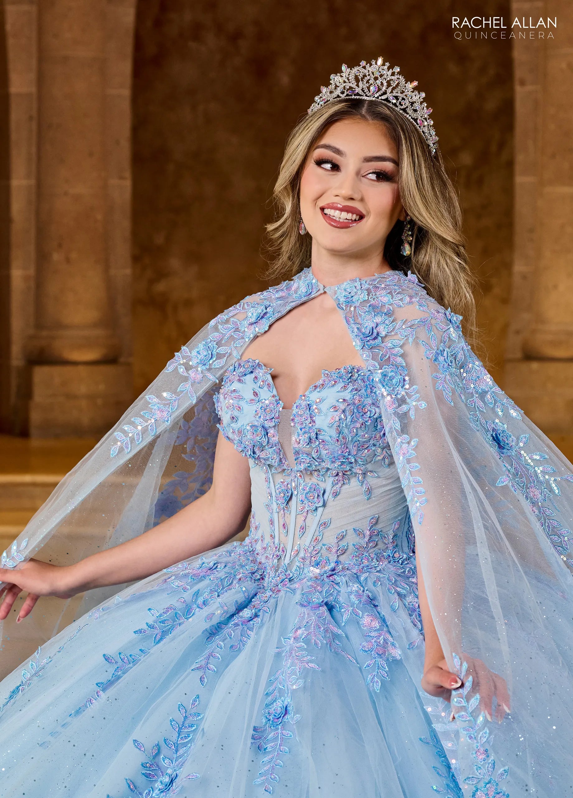 Light Blue Multi Sweetheart Floor Length Tulle Quinceanera Ball Gown with Floral Applique Rachel Allan RQ1148