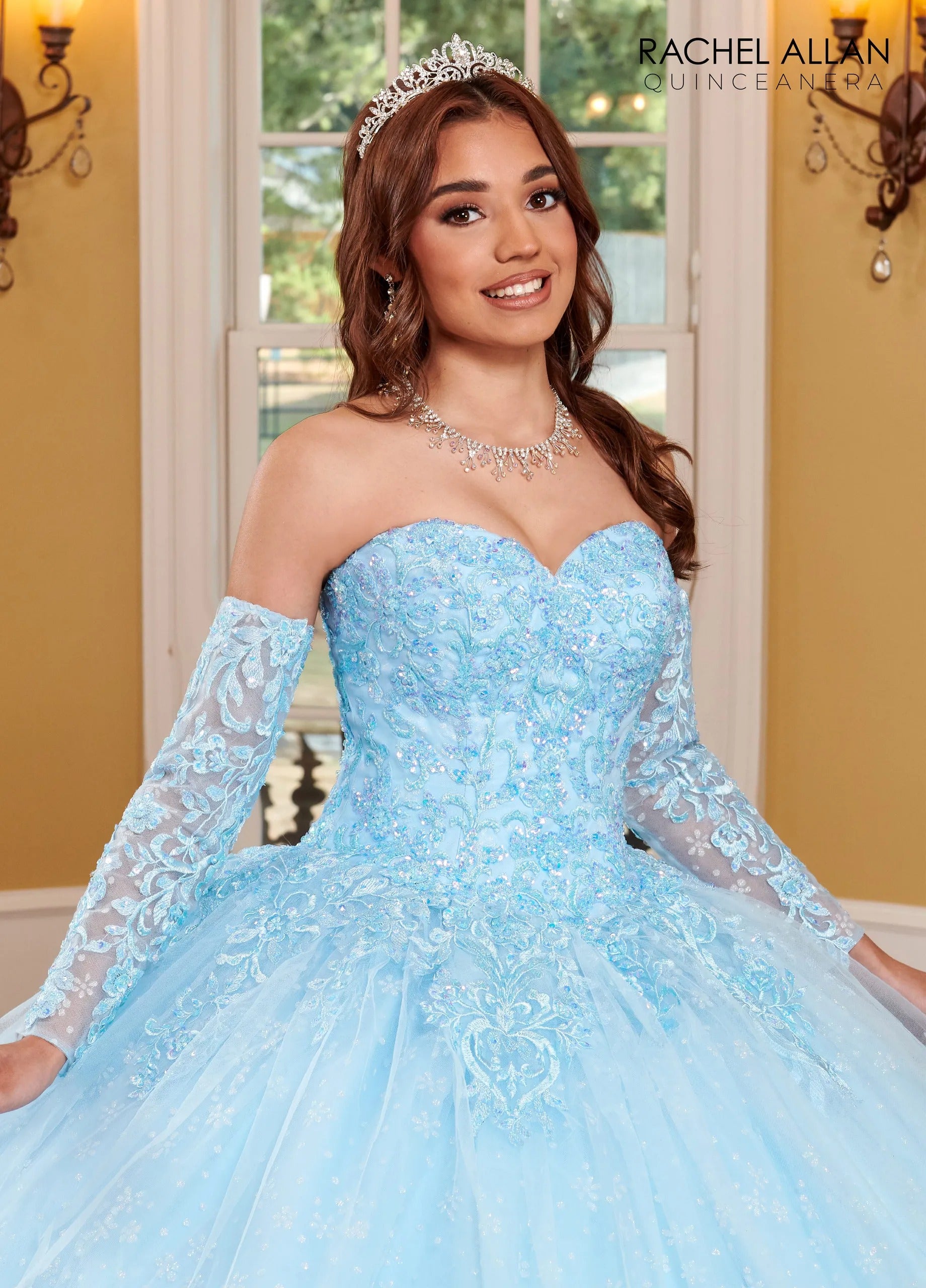 Light Blue Sweetheart Glitter Tulle Quinceanera Ball Gown with Bead Embellishments Rachel Allan RQ1116
