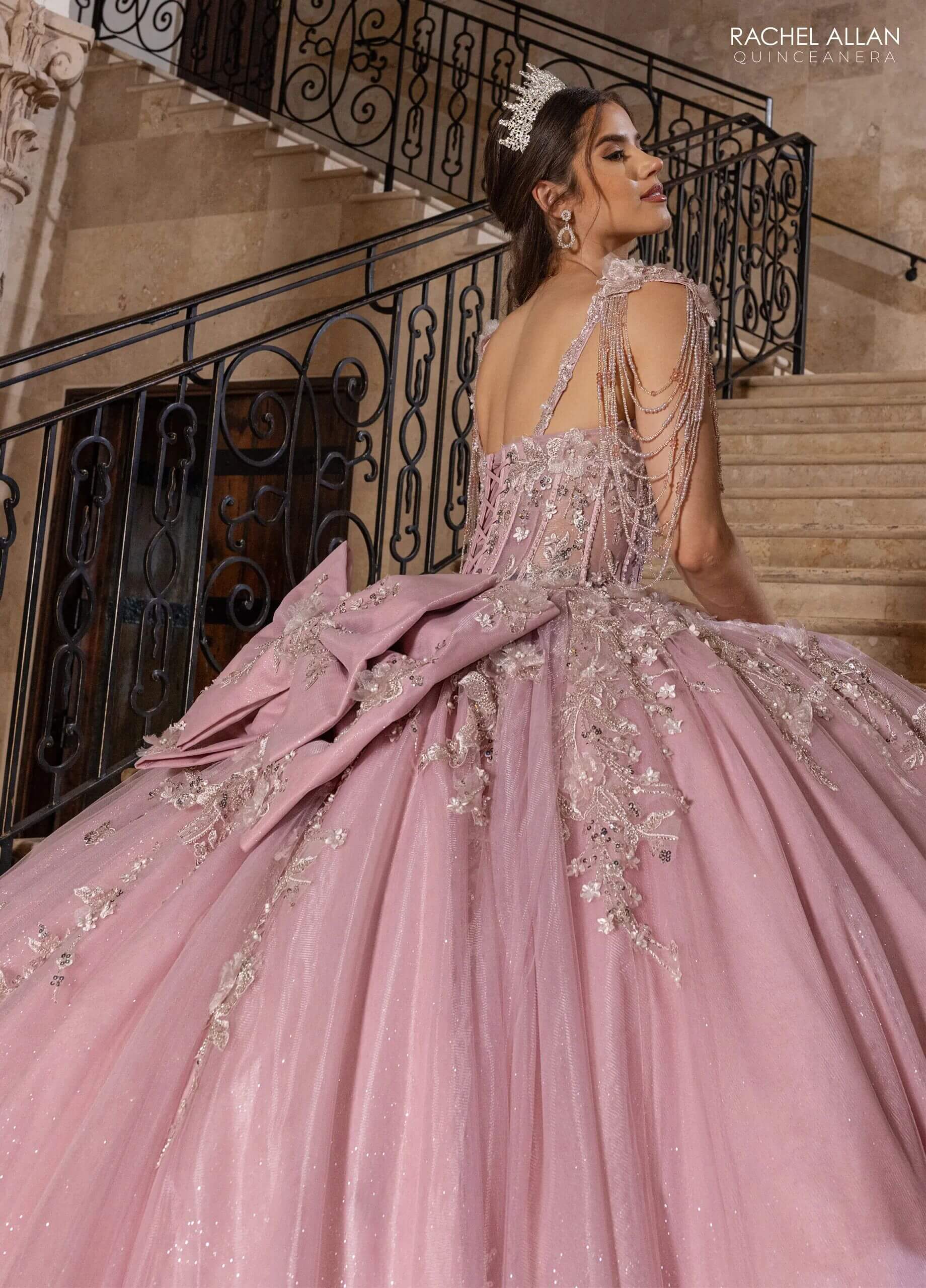 Rose Sweetheart Floor Length Glitter Tulle Quinceanera Ball Gown with Beaded Fringe Straps Rachel Allan RQ1182