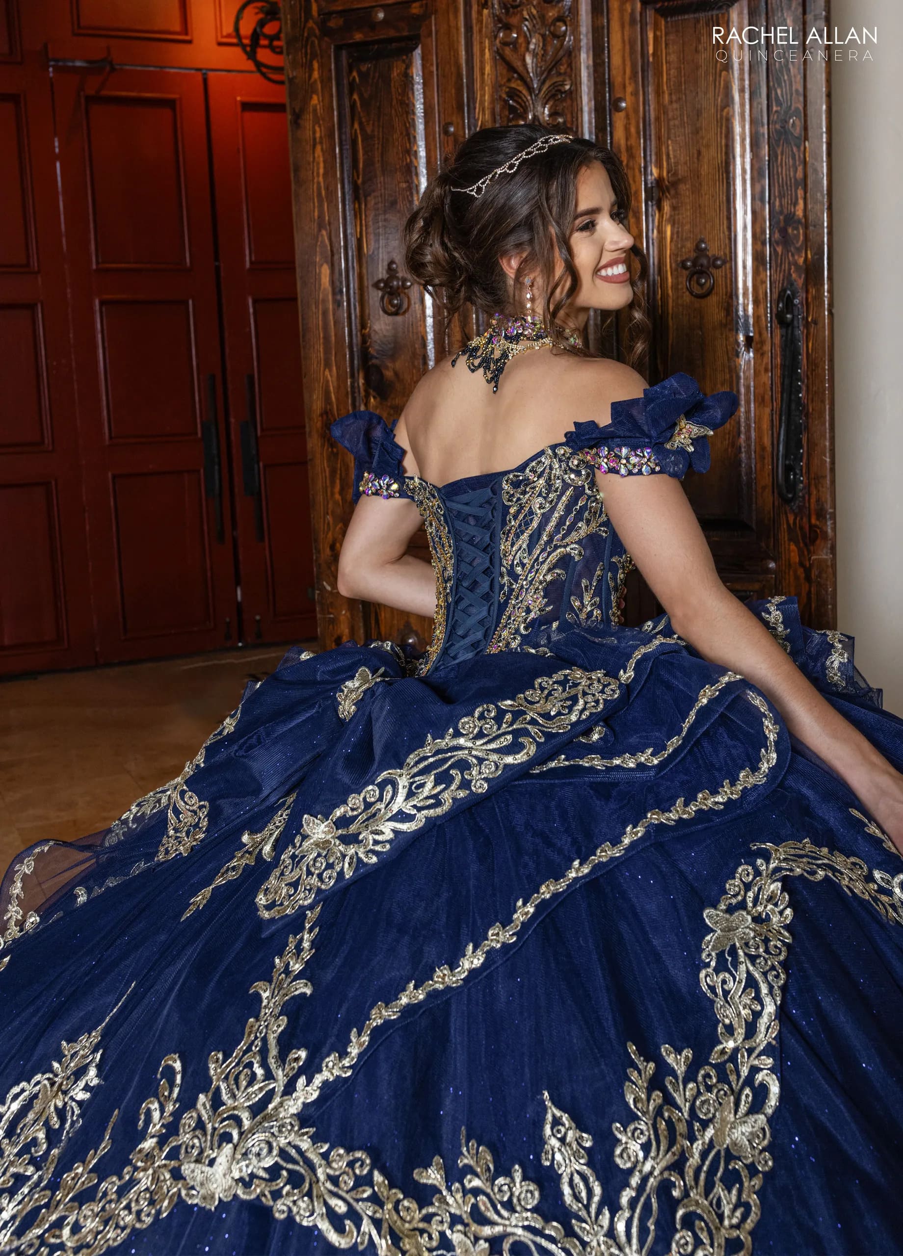 Navy Gold Off the Shoulder Floor-Length Glitter Tulle Quinceanera Ball-Gown with Detachable Bow Rachel Allan RQ1180