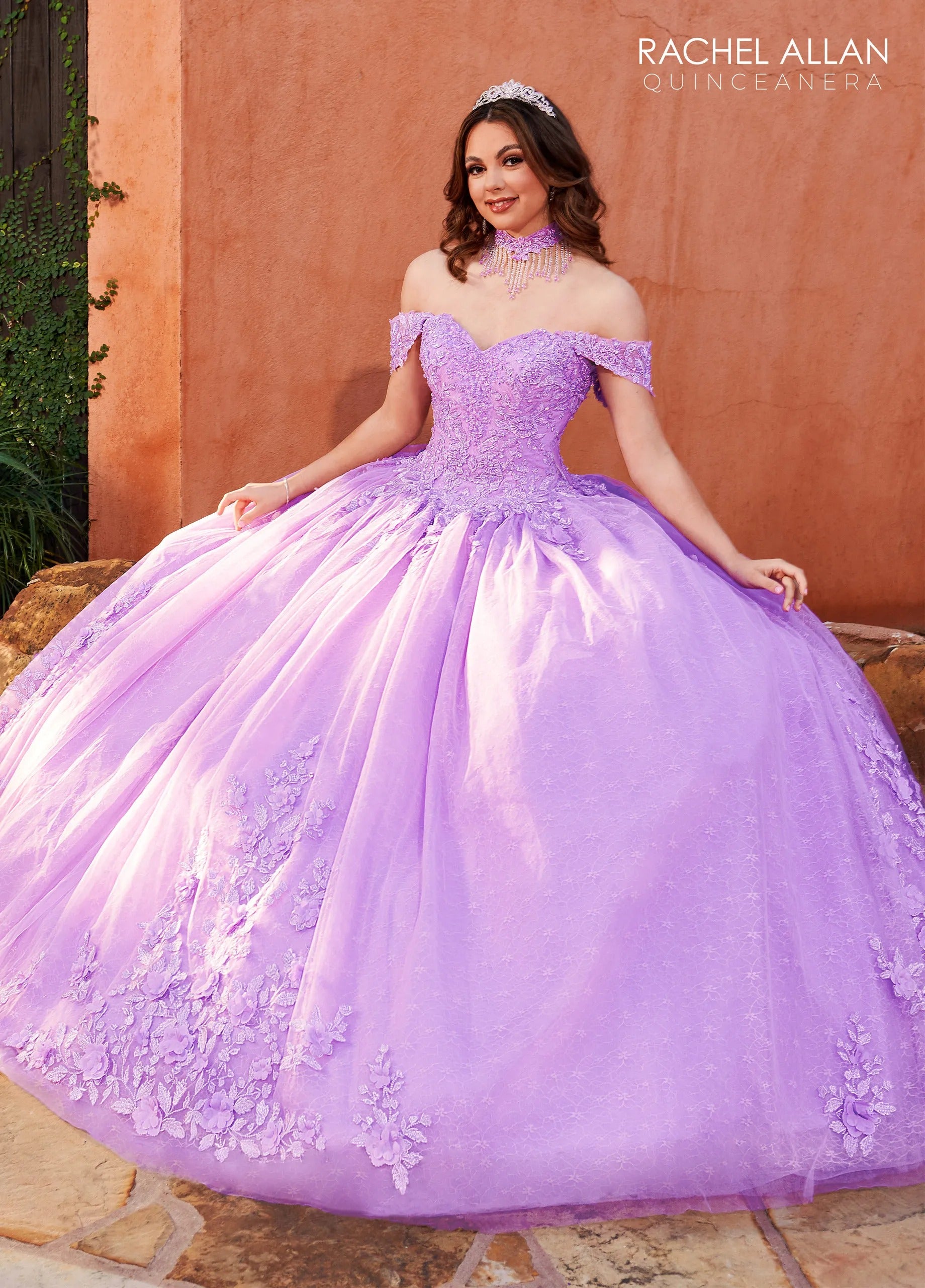 Lilac Off-the-Shoulder Floor-Length Glitter Tulle Quinceanera Ball Gown with Lace Applique Rachel Allan RQ1112