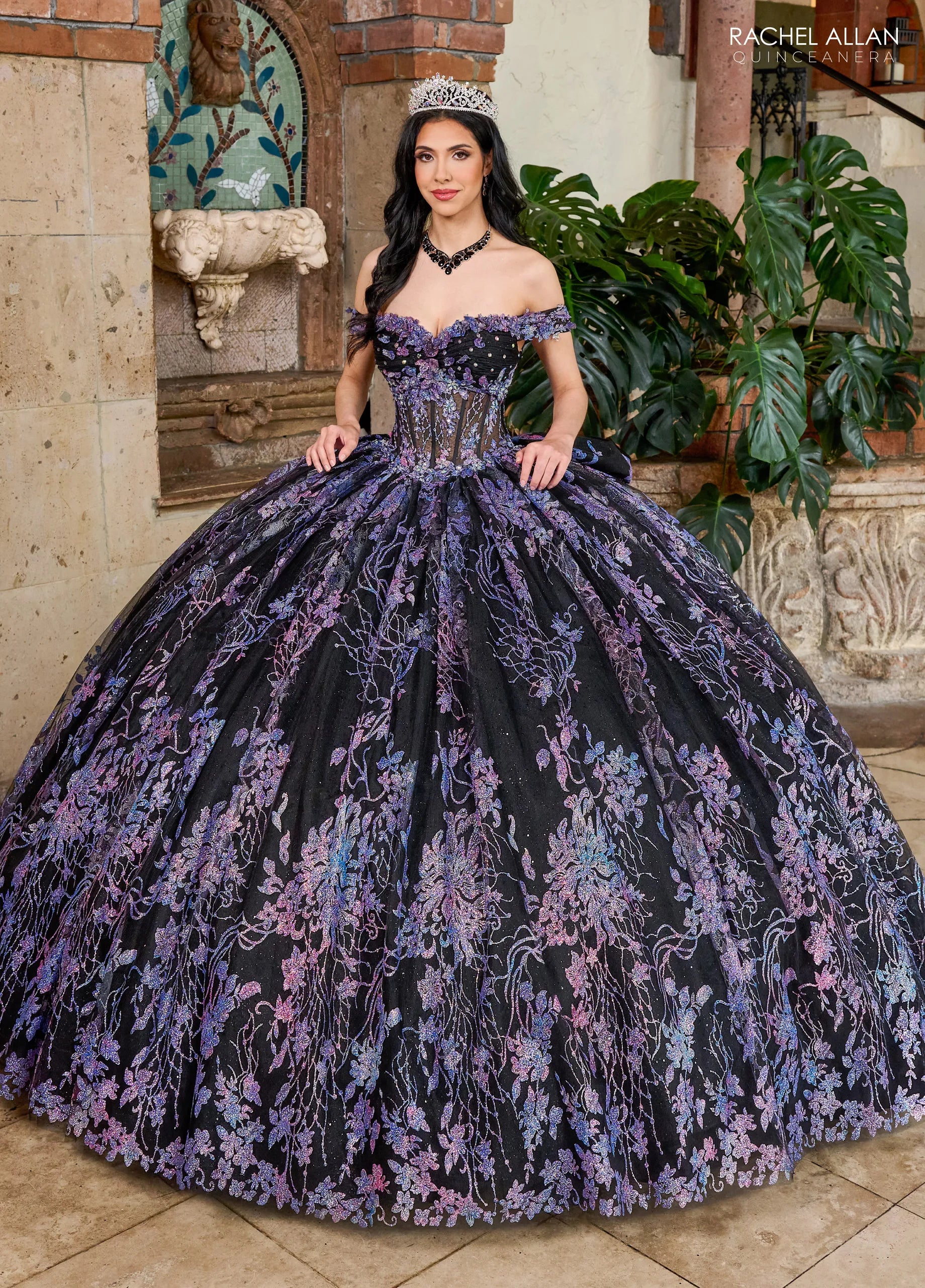 Black Multi Off the Shoulder Floor Length Glitter Tulle Quinceanera Ball Gown Rachel Allan RQ1146