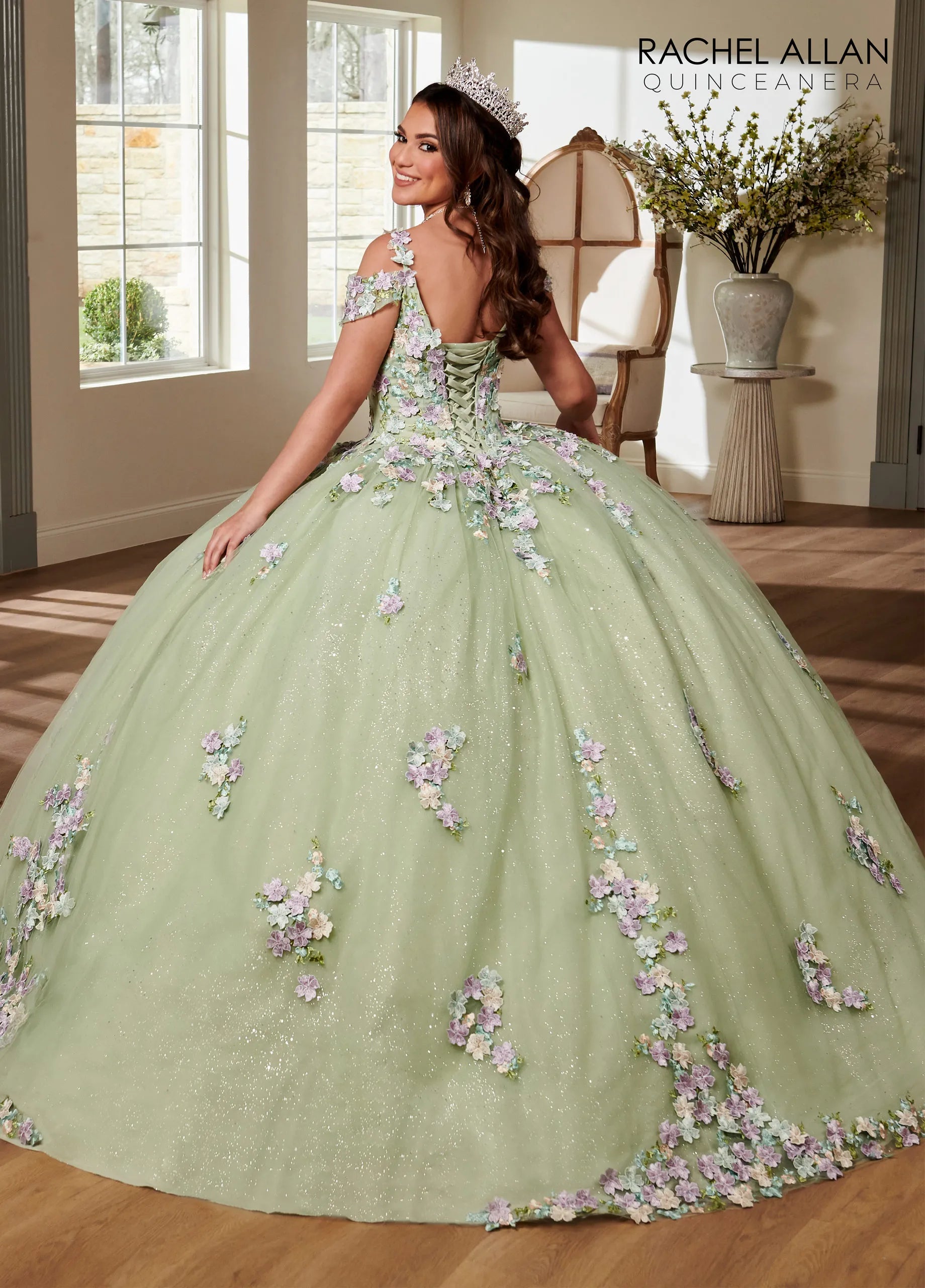 V-Neck Floor-Length Glitter Tulle Quinceanera Ball Gown with 3D Flowers Rachel Allan RQ1125