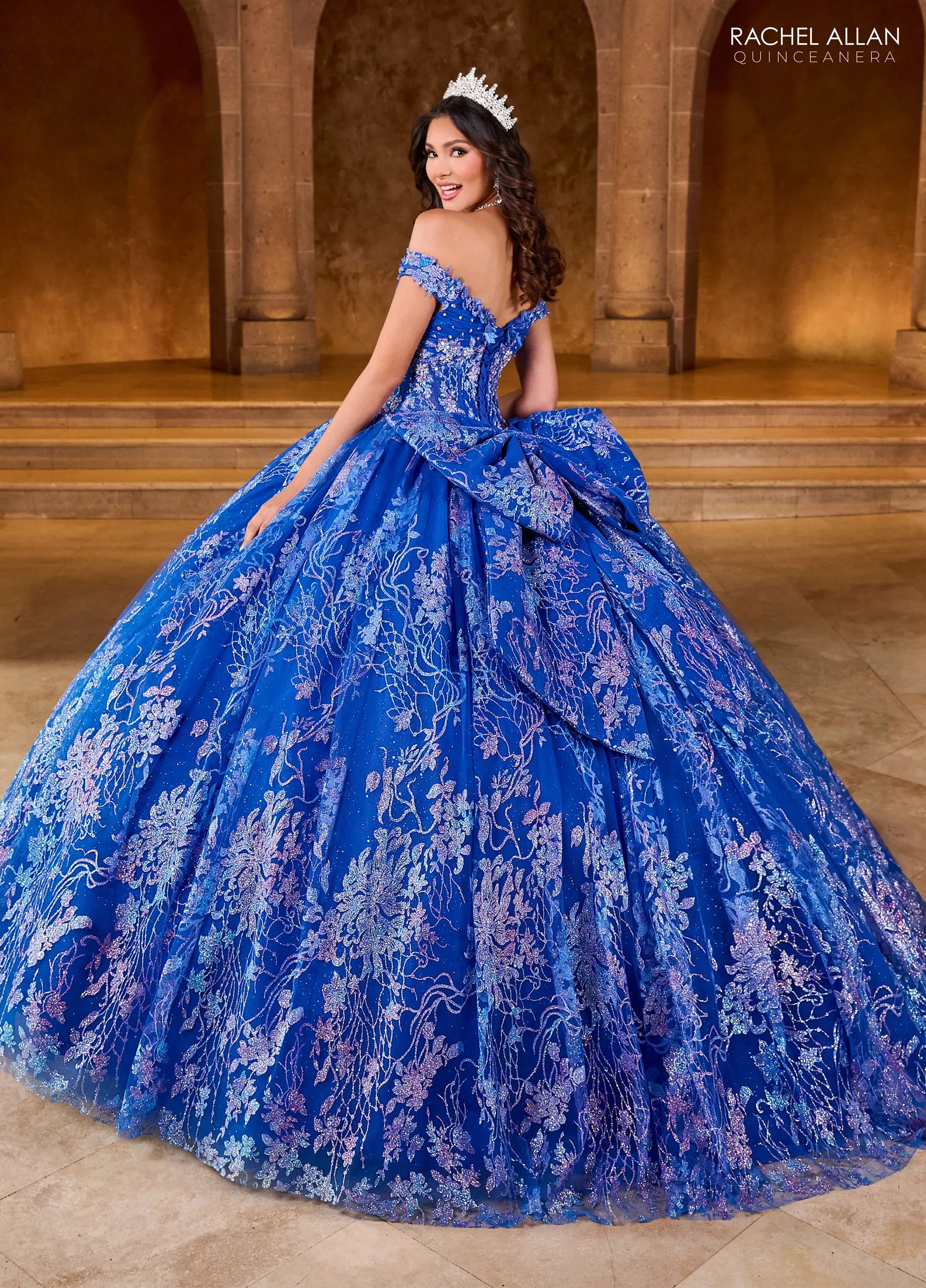 Royal Multi Off the Shoulder Floor Length Glitter Tulle Quinceanera Ball Gown Rachel Allan RQ1146