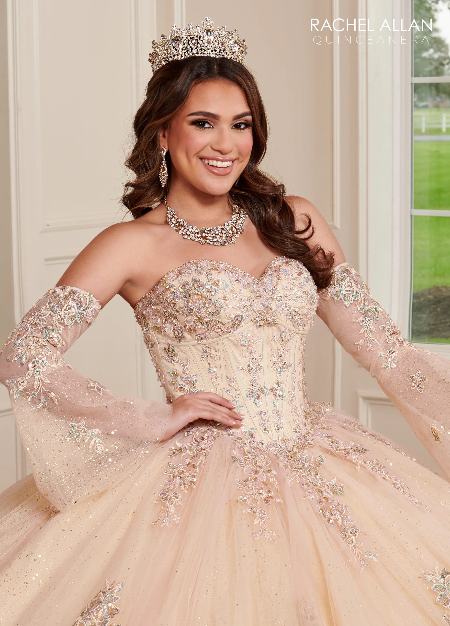 Blush Champagne Sweetheart Floor-Length Glitter Tulle Quinceanera Ball Gown with Detachable Bell Sleeves Rachel Allan RQ1120