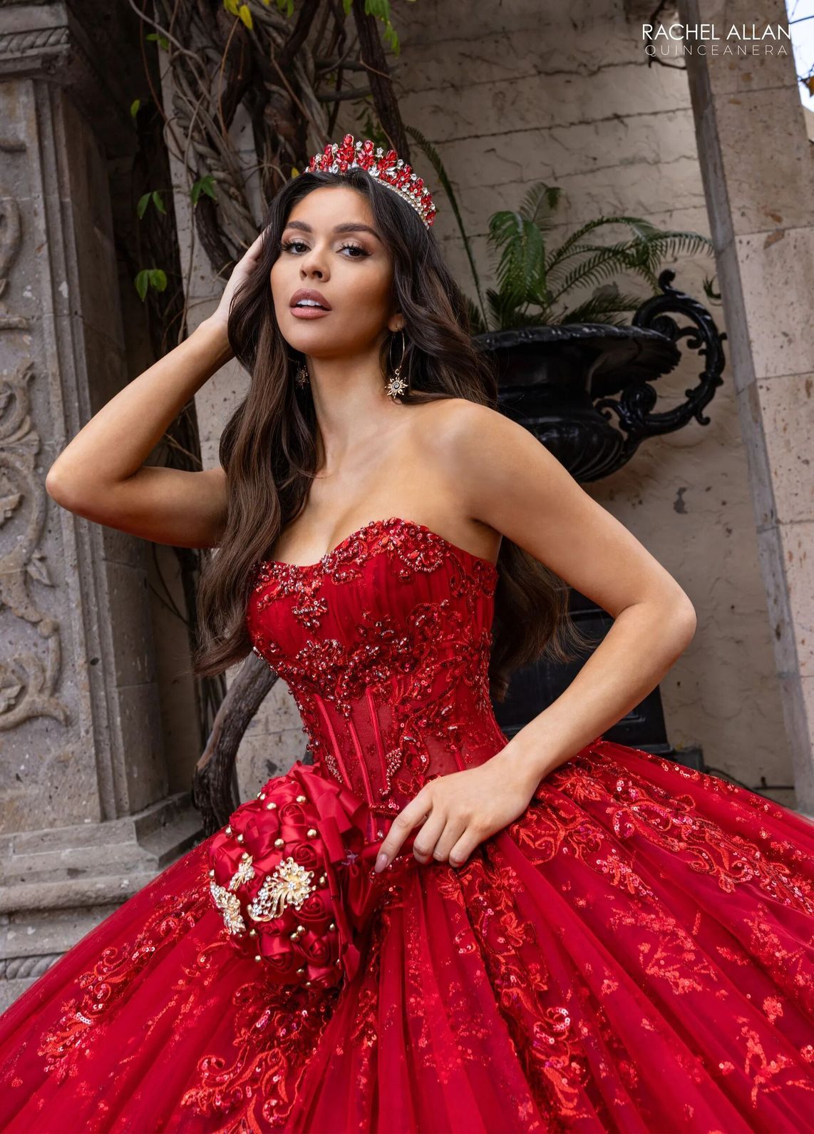 Deep Red High Neck Floor Length Glitter Tulle Quinceanera Ball Gown with Detachable Sleeves Rachel Allan RQ1172