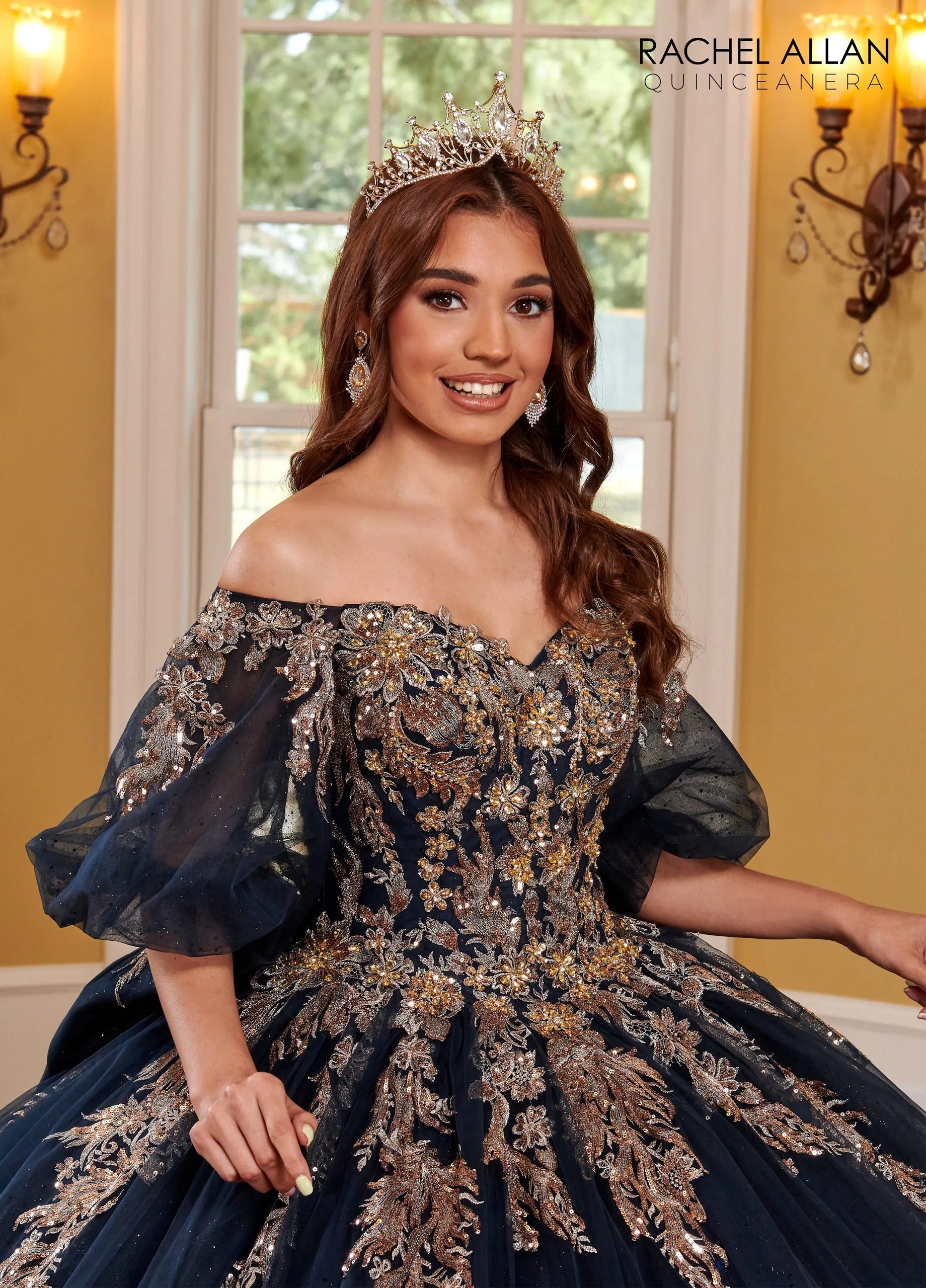 Navy Rose Gold Off the Shoulder Floor Length Glitter Tulle Quinceanera Ball Gown with Puff Sleeves Rachel Allan RQ1110