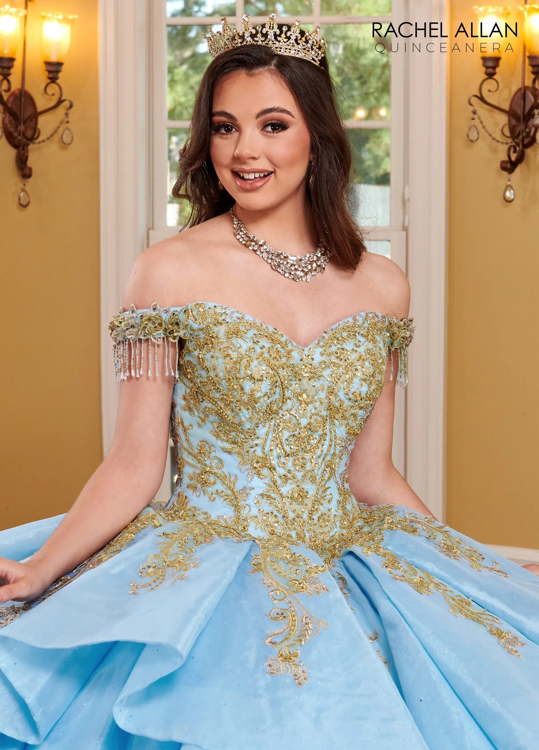 Light Blue Gold Off-the-Shoulder Glitter Tulle Quinceanera Ball Gown with Beaded Fringe Straps Rachel Allan MQ1117