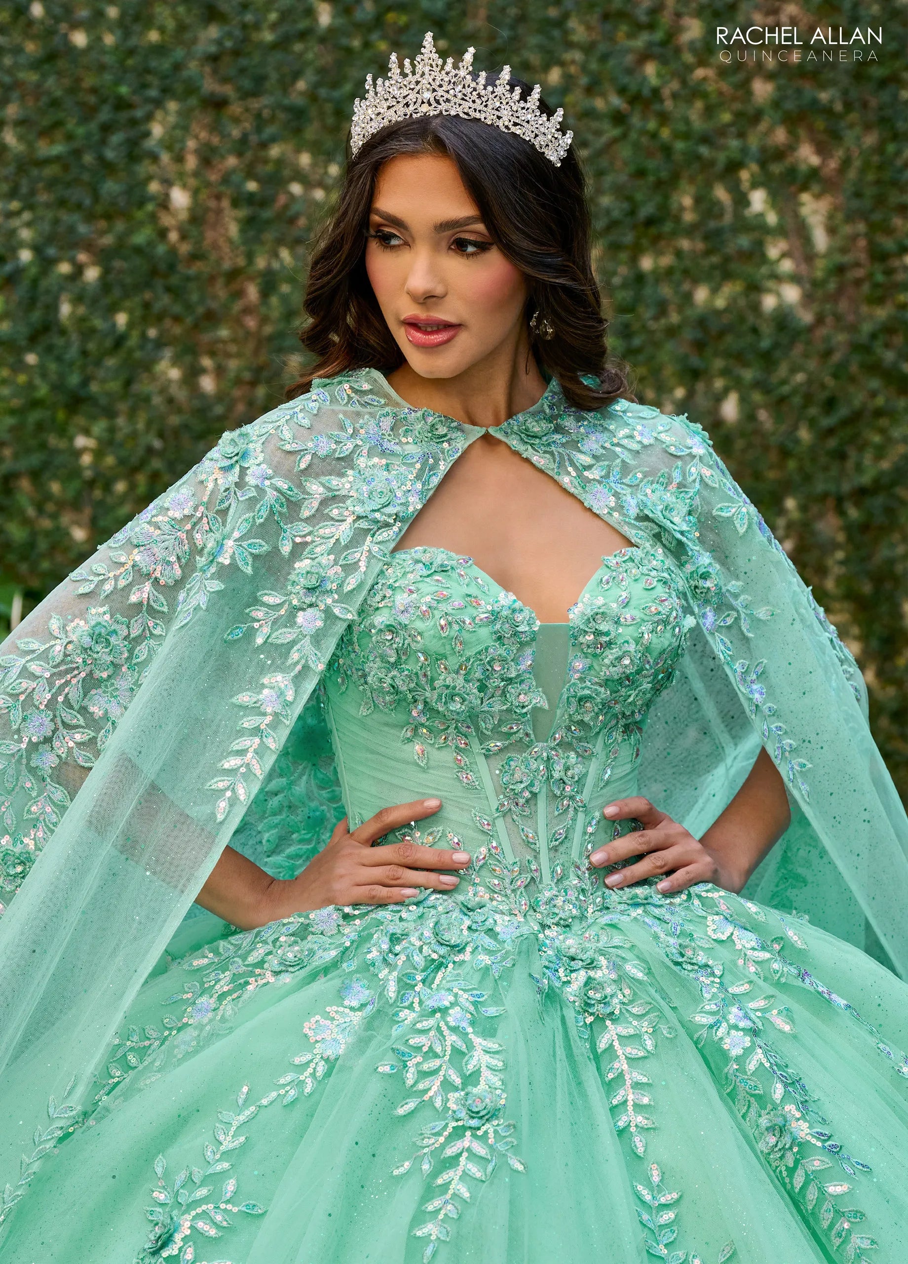 Mint Multi Sweetheart Floor Length Tulle Quinceanera Ball Gown with Floral Applique Rachel Allan RQ1148