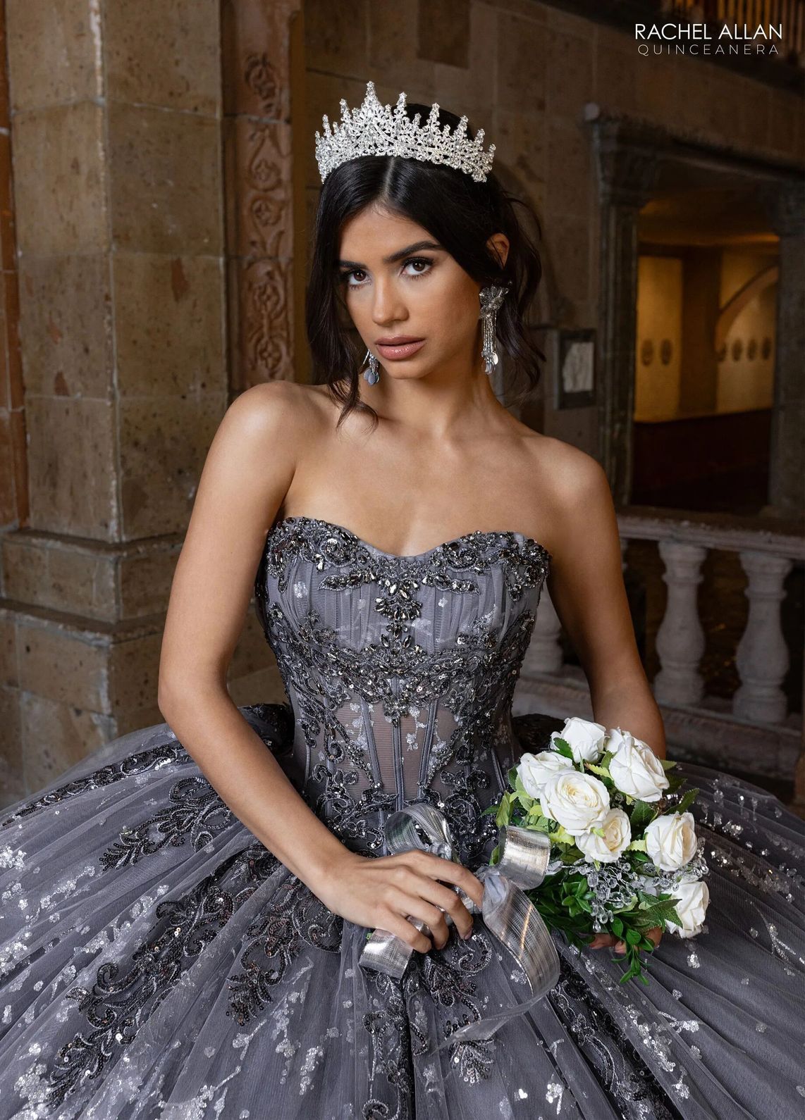 Gunmetal Silver High Neck Floor Length Glitter Tulle Quinceanera Ball Gown with Detachable Sleeves Rachel Allan RQ1172