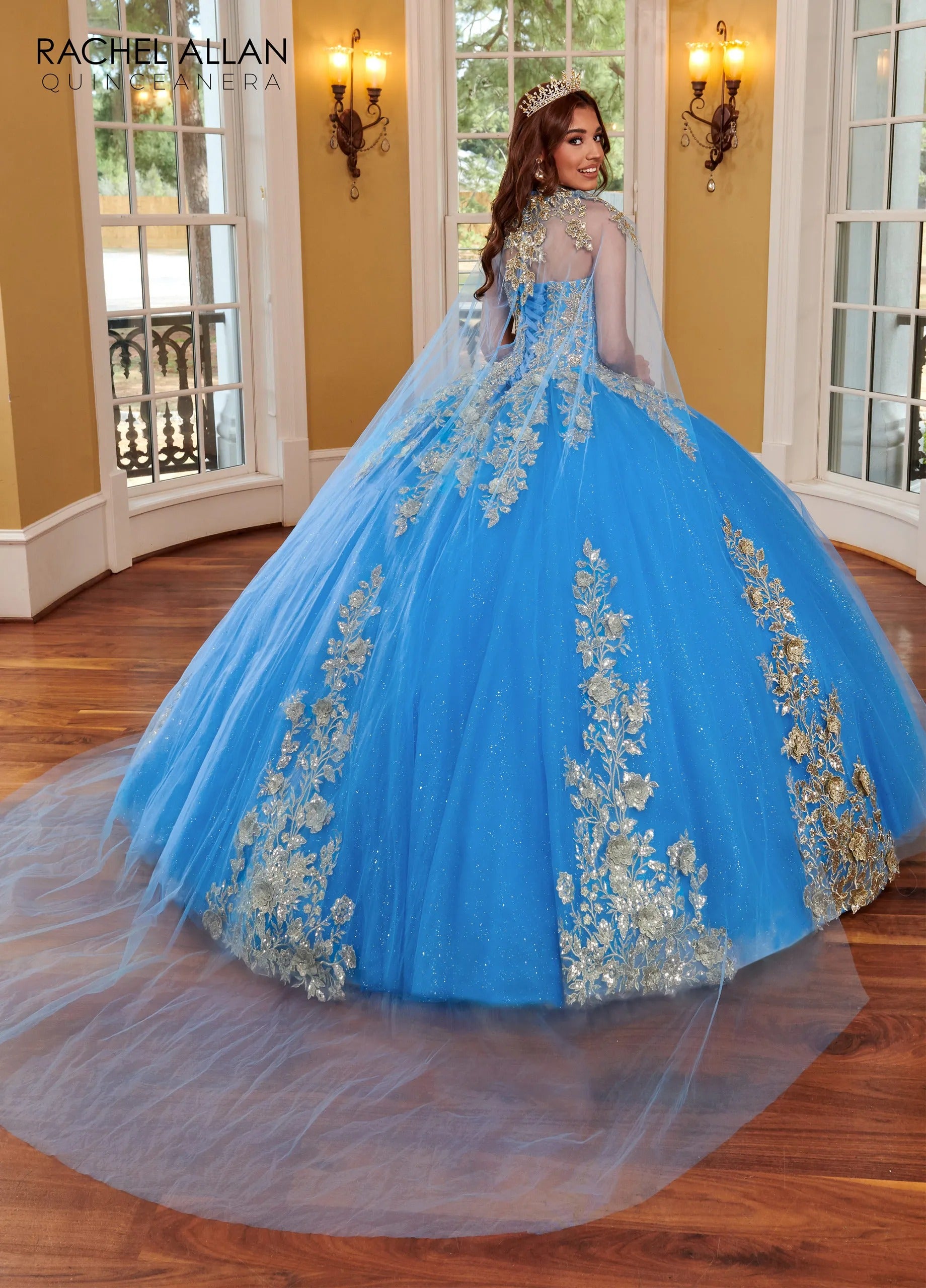 Azure Gold Sweetheart Floor Length Glitter Tulle Quinceanera Ball Gown with Detachable Cape Rachel Allan RQ1111