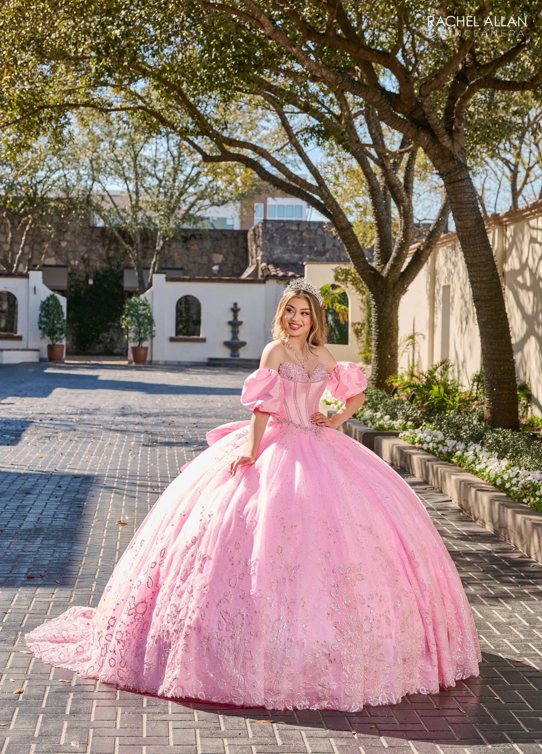 Pink Sweetheart Floor Length Tulle Quinceanera Ball Gown with Puff Sleeves Rachel Allan RQ1142