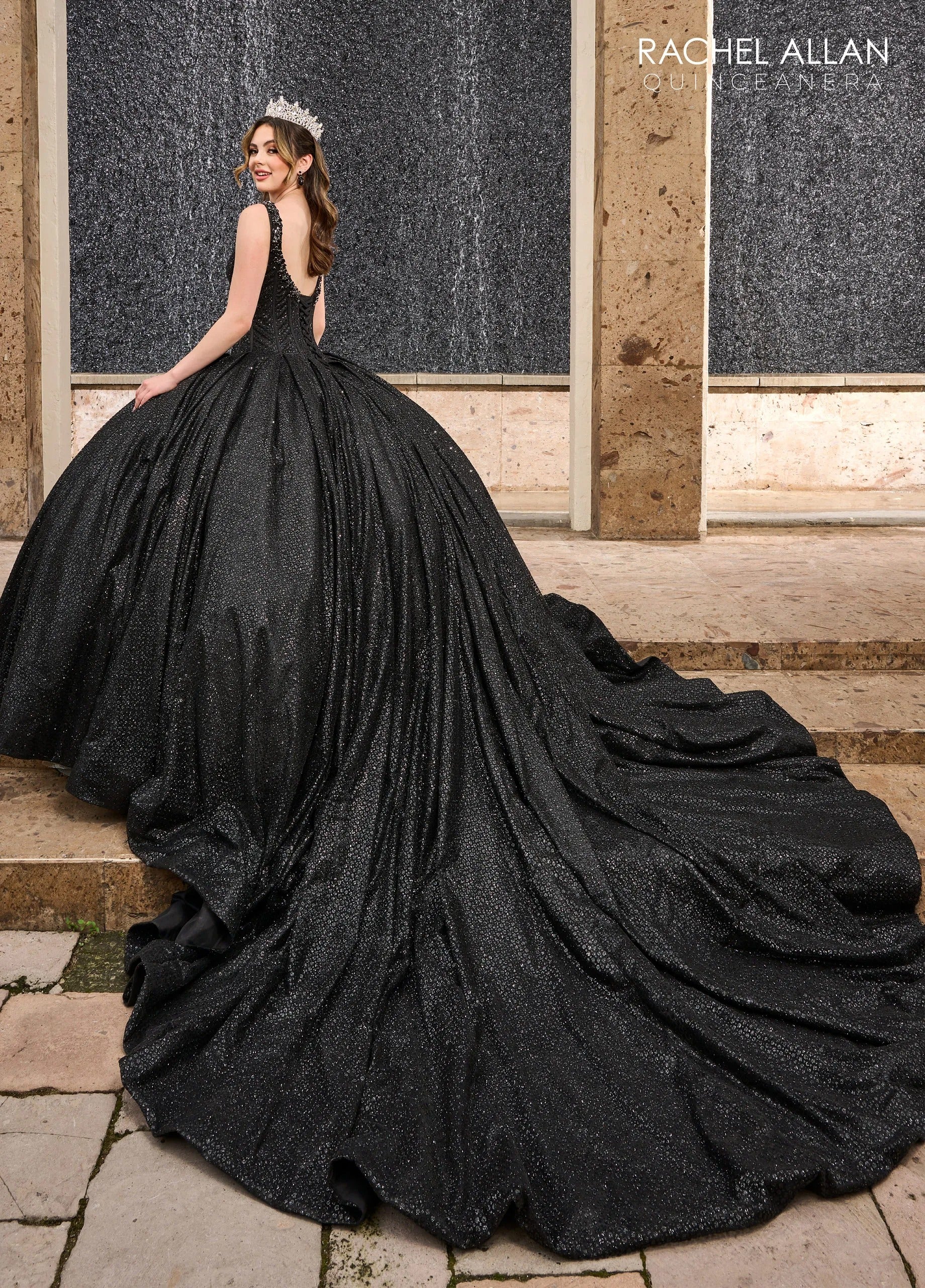Black V Neck Floor Length Glitter Tulle Quinceanera Ball Gown with Corset Bodice and Royal Train Rachel Allan RQ1127
