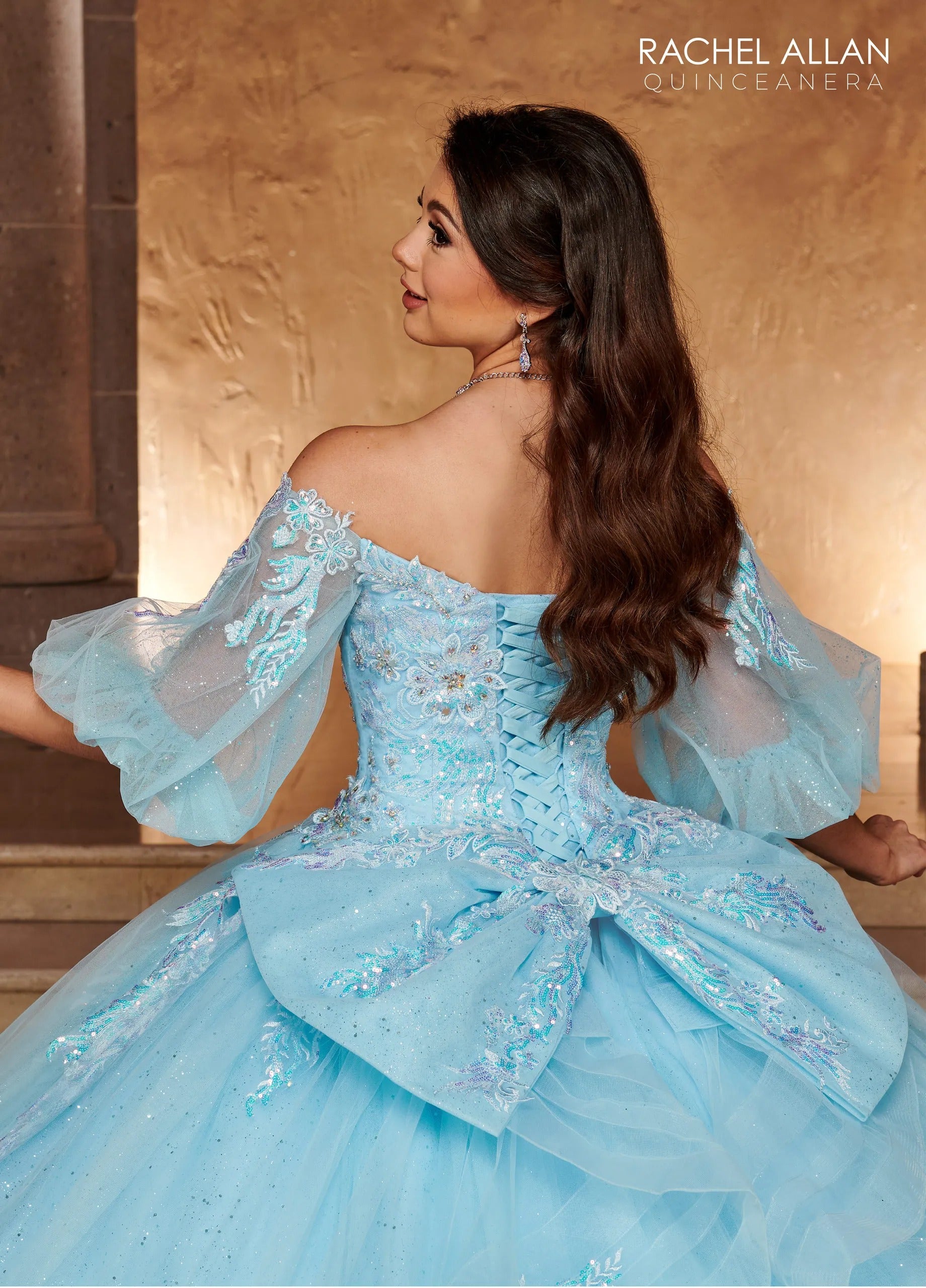 Light Blue Off the Shoulder Floor Length Glitter Tulle Quinceanera Ball Gown with Puff Sleeves Rachel Allan RQ1110