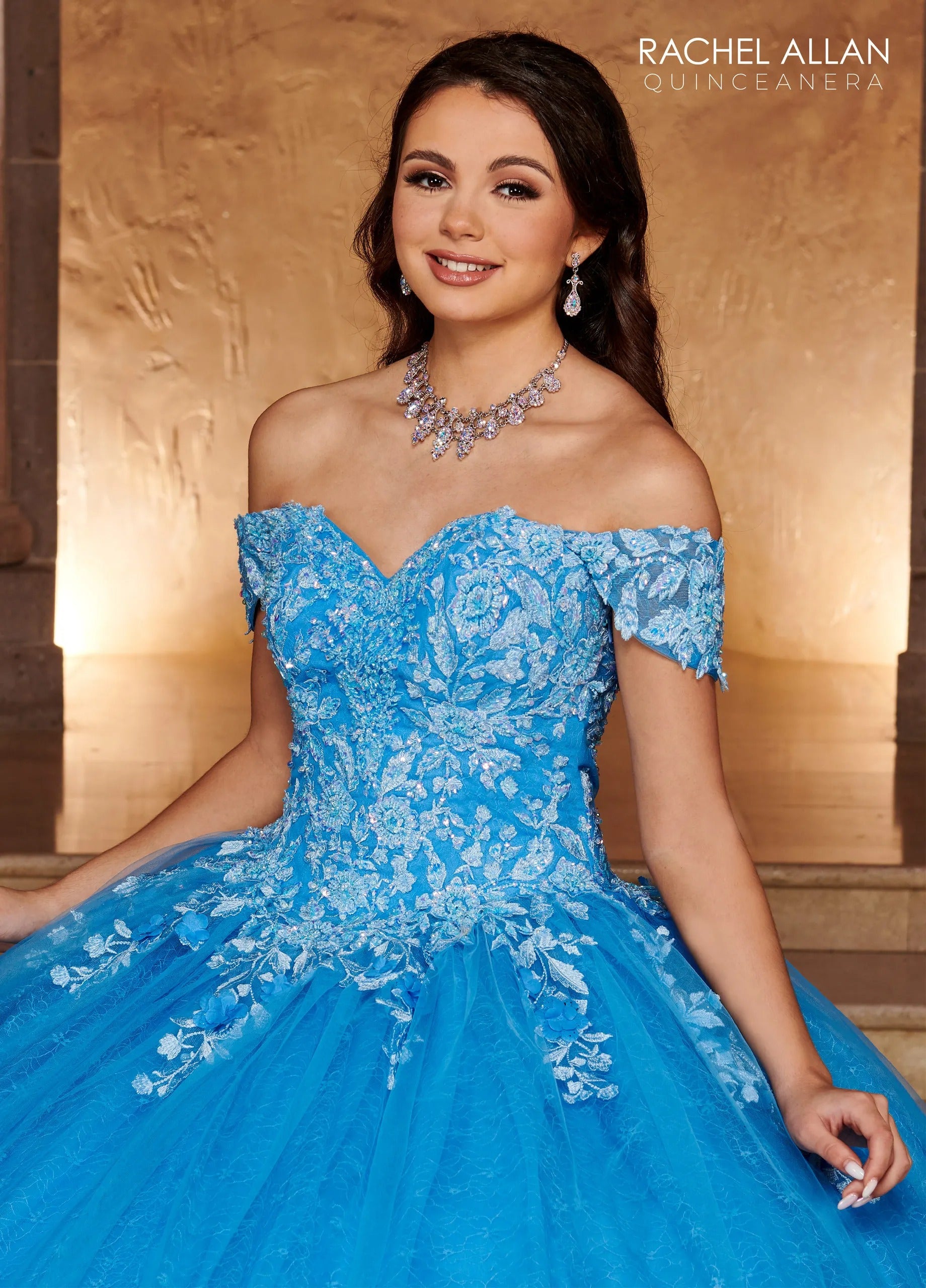 Azure Off-the-Shoulder Floor-Length Glitter Tulle Quinceanera Ball Gown with Lace Applique Rachel Allan RQ1112