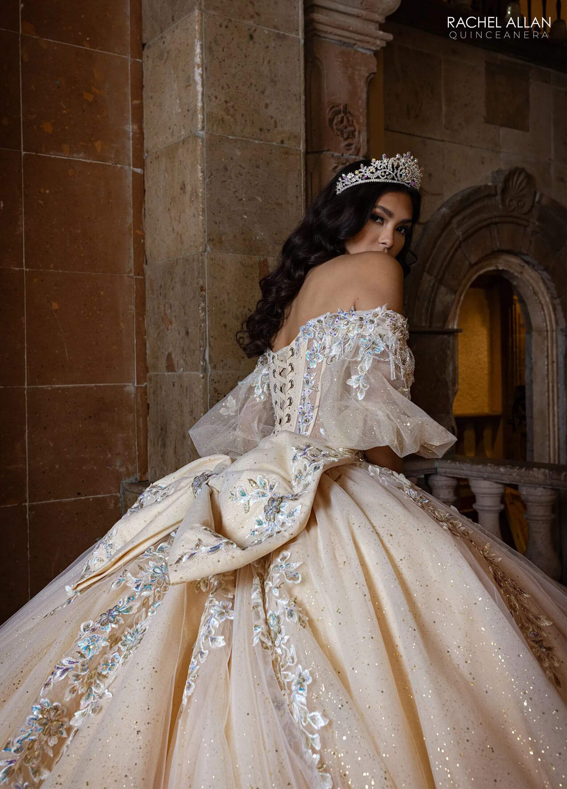 Ivory Champagne Sweetheart Floor Length Glitter Tulle Quinceanera Ball Gown with Detachable Puff Sleeves and Bow Rachel Allan RQ1165
