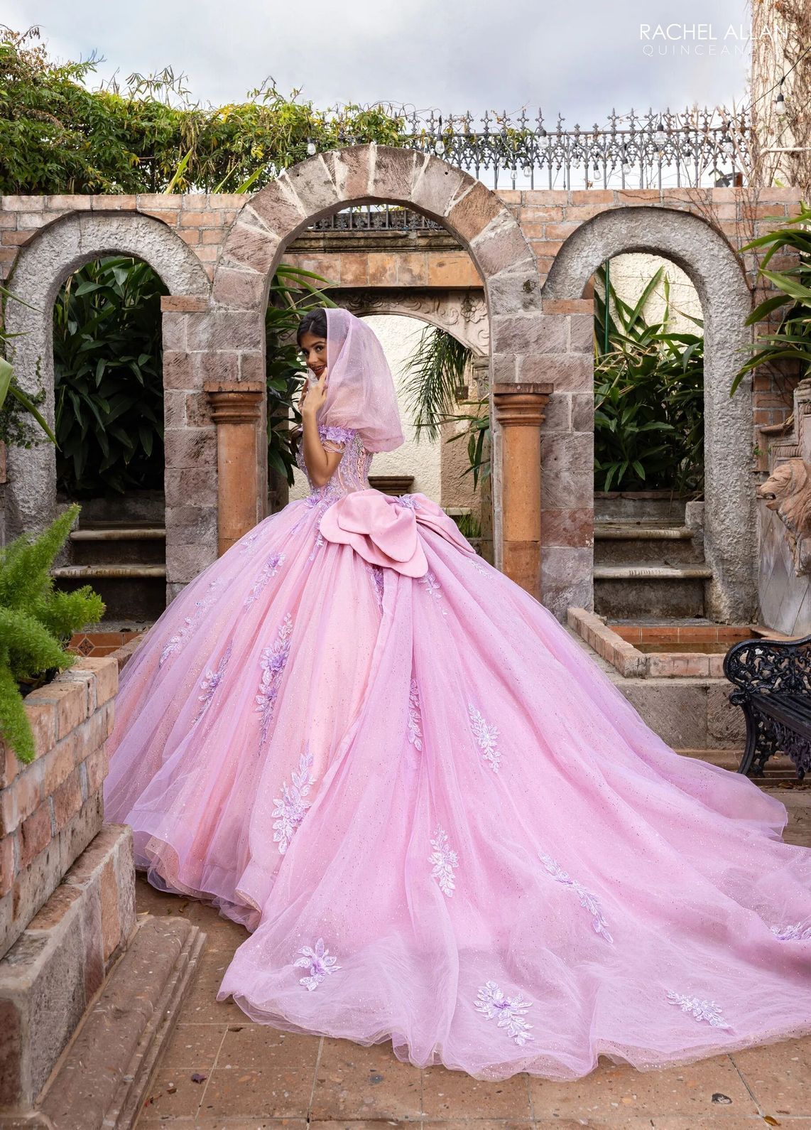 Lilac Pink Sweetheart Floor Length Glitter Tulle Quinceanera Ball Gown with Floral Applique Rachel Allan RQ1166