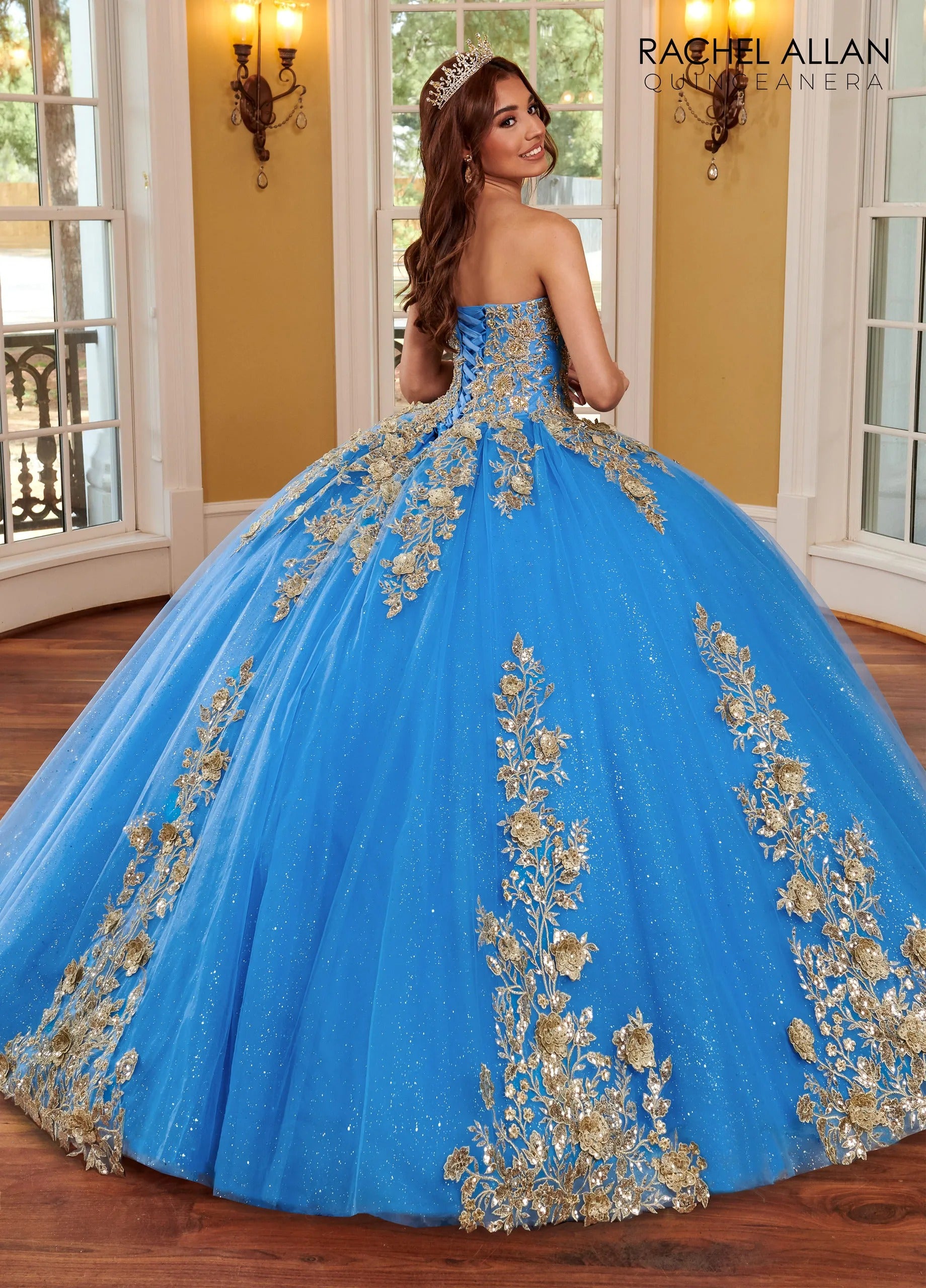 Azure Gold Sweetheart Floor Length Glitter Tulle Quinceanera Ball Gown with Detachable Cape Rachel Allan RQ1111