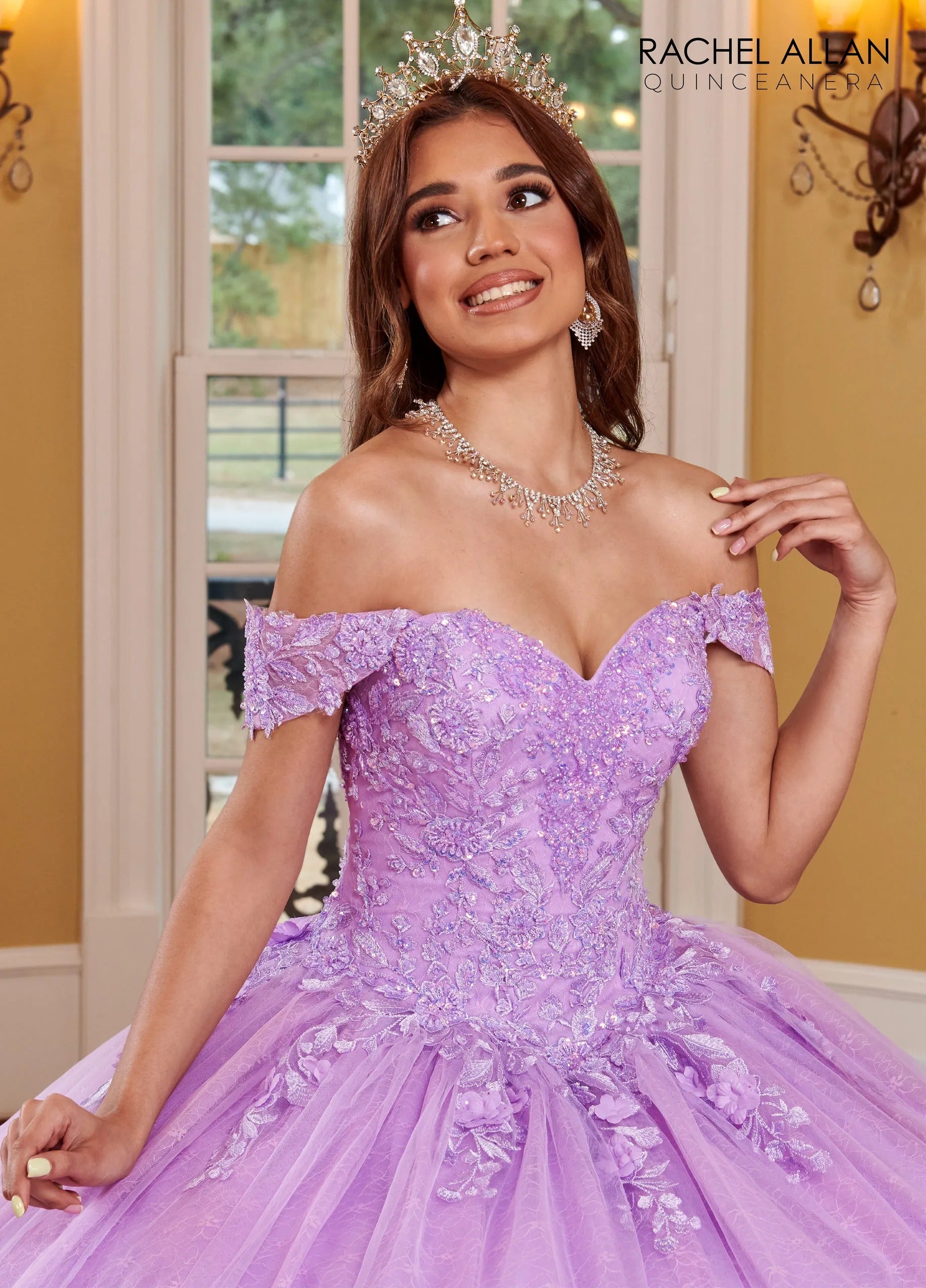 Lilac Off-the-Shoulder Floor-Length Glitter Tulle Quinceanera Ball Gown with Lace Applique Rachel Allan RQ1112