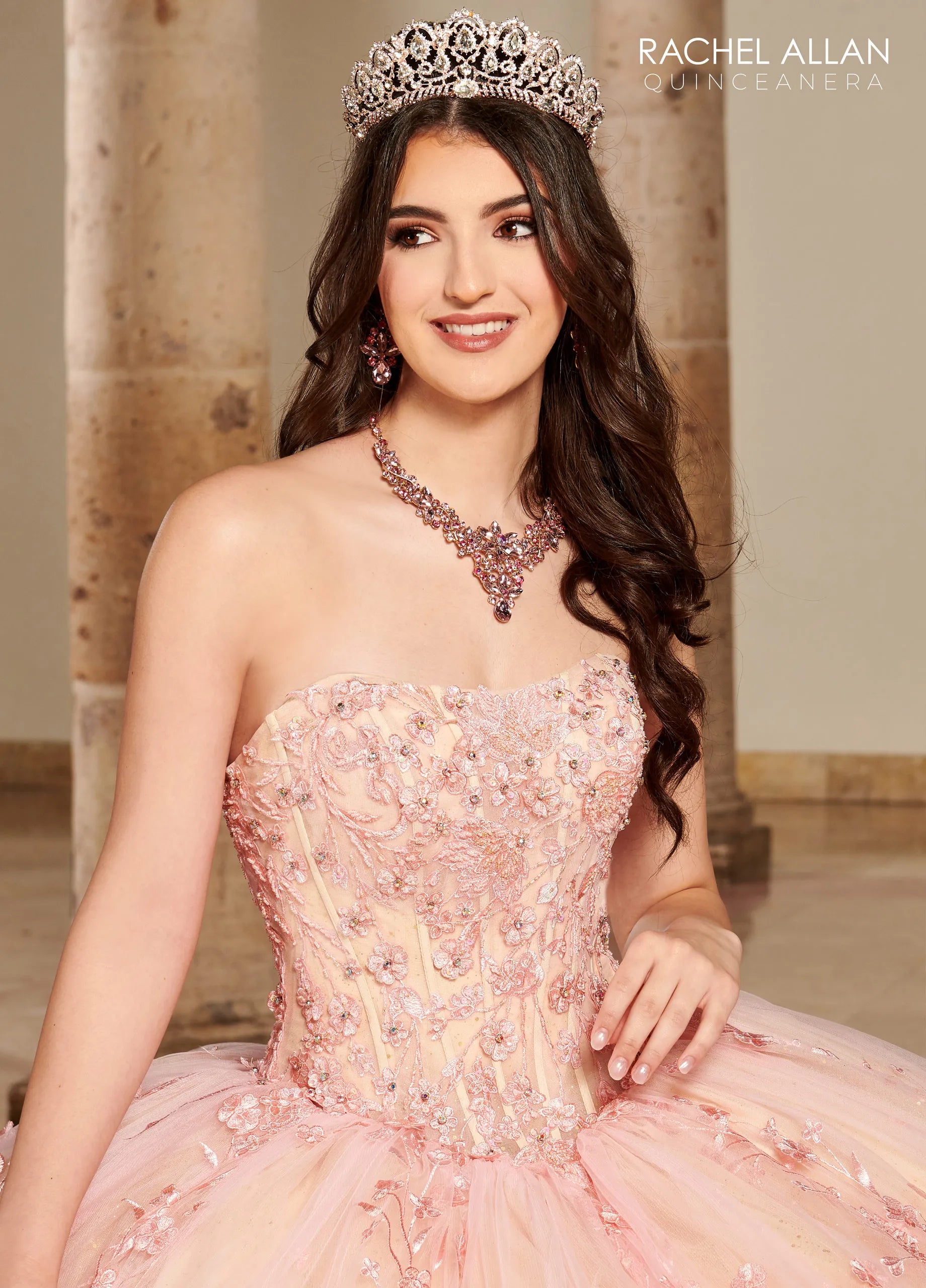 Blush Champagne Sweetheart Floor-Length Glitter Tulle Quinceañera Gown with Detachable Puff Sleeves and Bolero Jacket Rachel Allan RQ1123