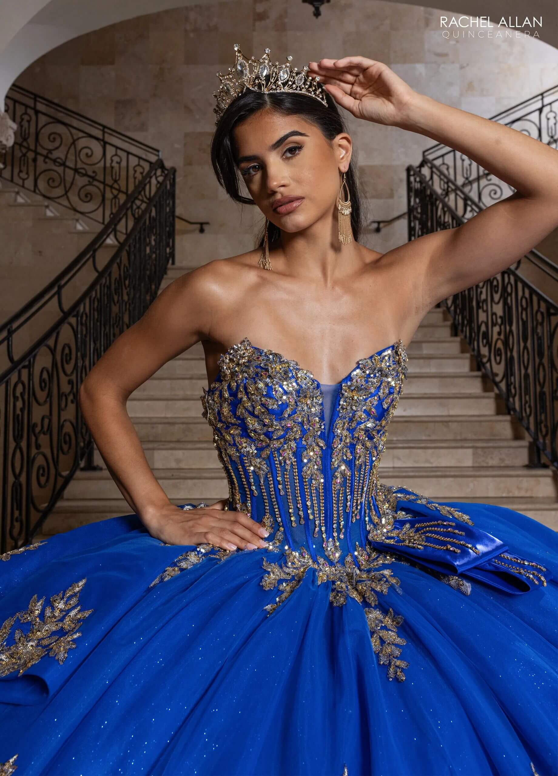 Royal Gold One Shoulder Floor Length Glitter Tulle Quinceanera Ball Gown with Peplum Overskirt Rachel Allan RQ1186
