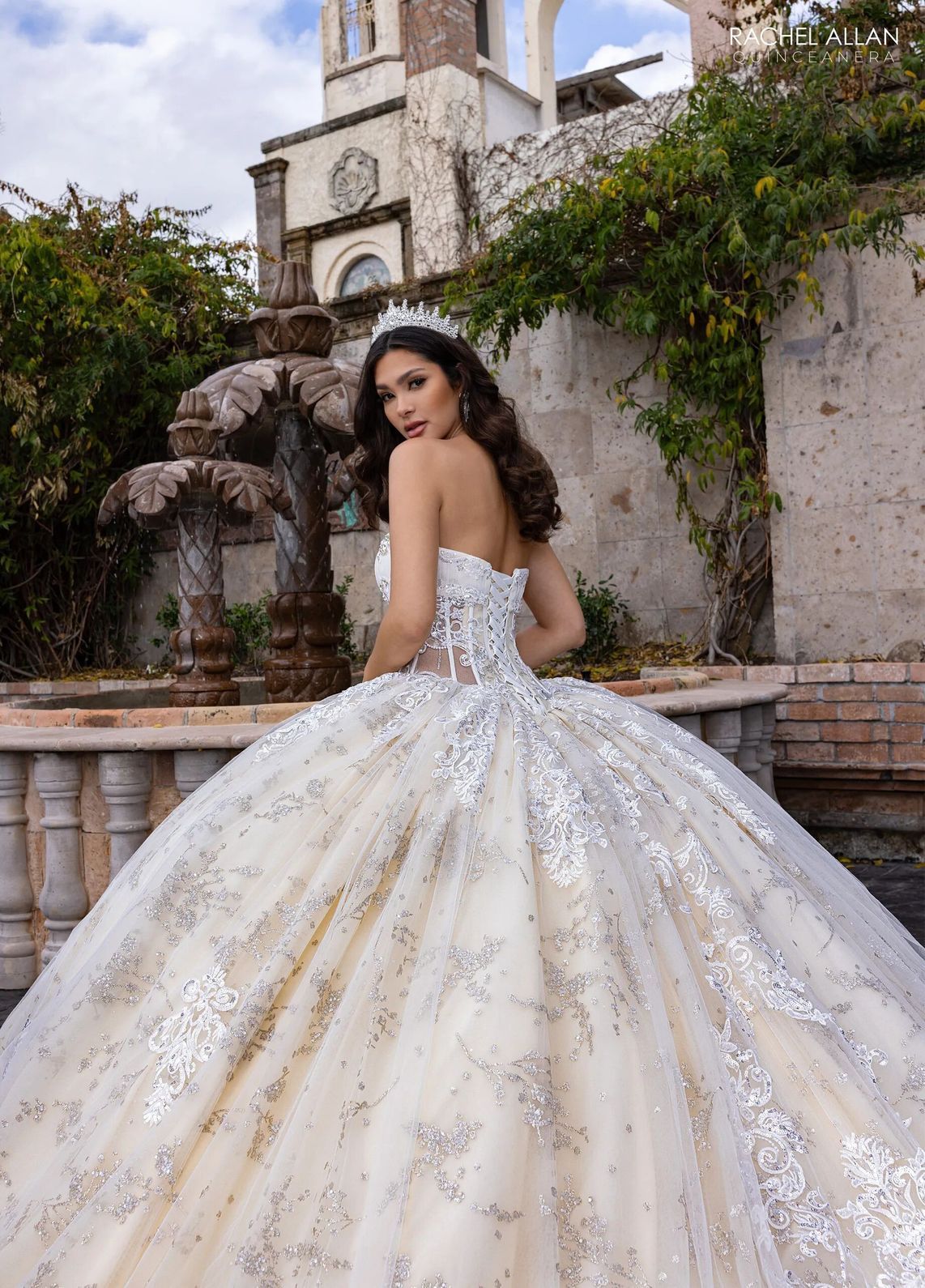 Ivory Champagne High Neck Floor Length Glitter Tulle Quinceanera Ball Gown with Detachable Sleeves Rachel Allan RQ1172
