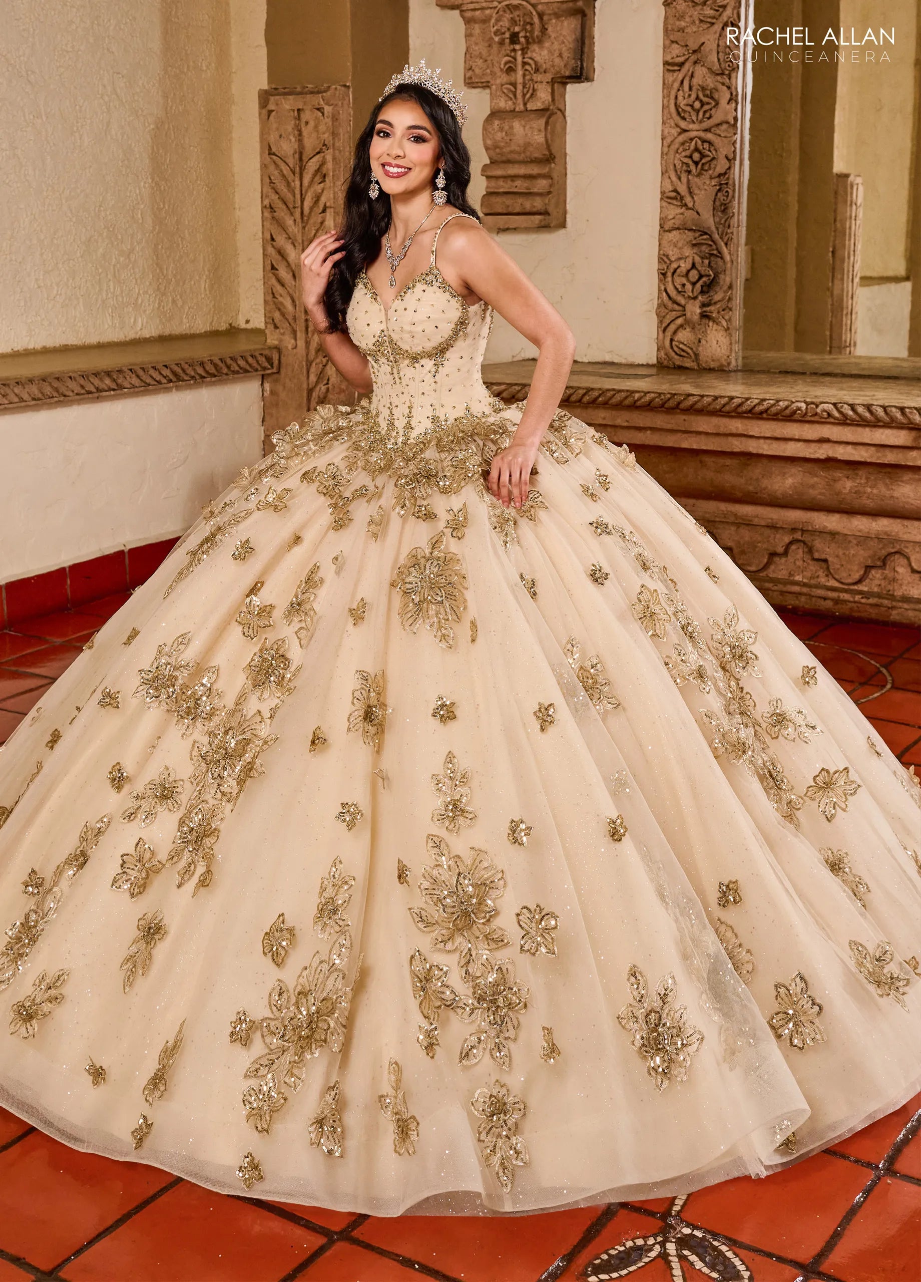 Champagne Rose Gold Sweetheart Floor Length Glitter Tulle Quinceanera Ball Gown with Embroidery Rachel Allan RQ1149